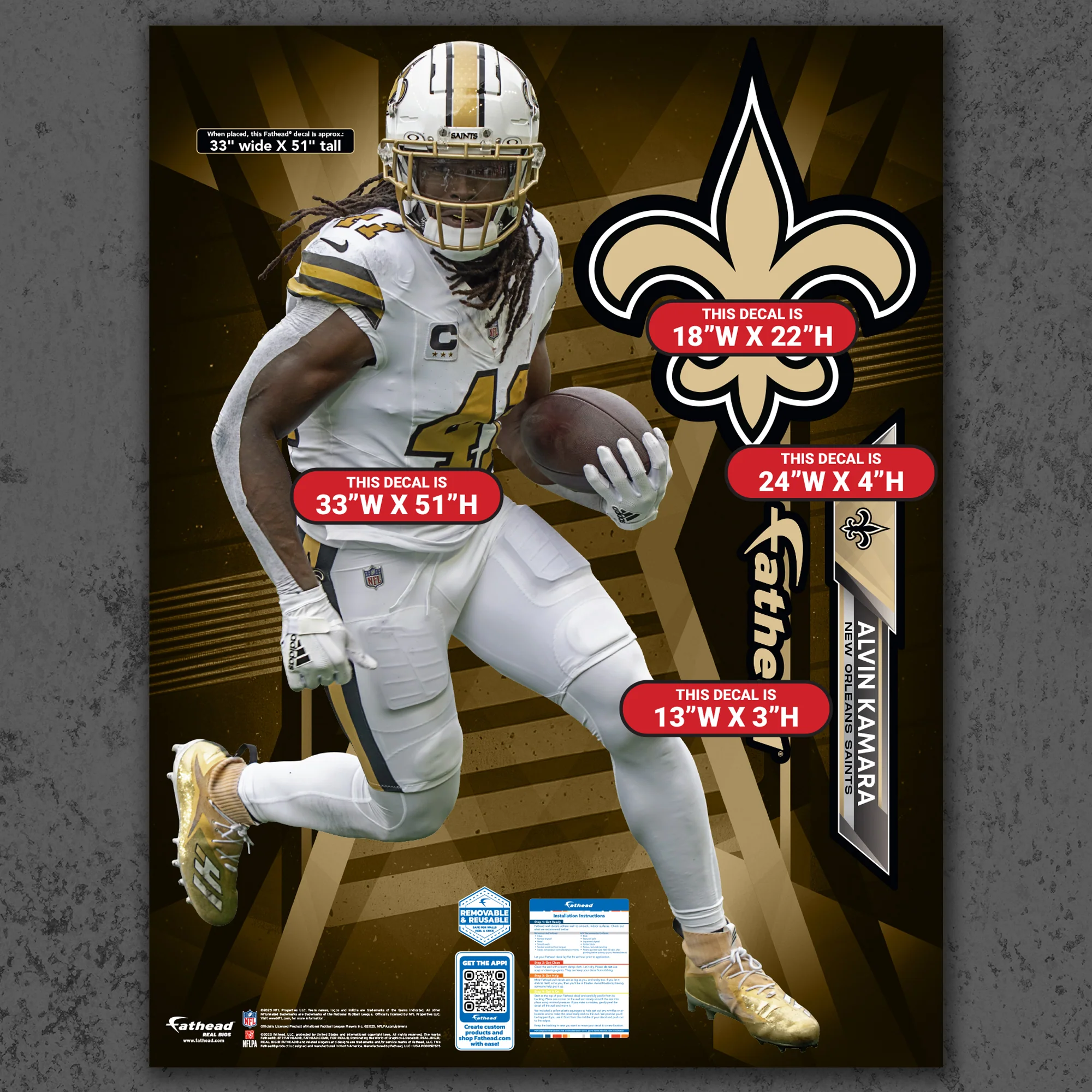 Alvin Kamara - RealBig Alternate Collection - Official NFL - New Orleans Saints - Reusable Vinyl Wall Decals - Image 6
