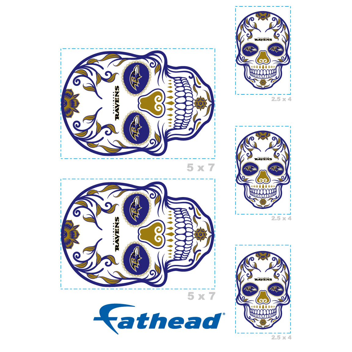 Baltimore Ravens - 5 Sugar Skull Minis (Mixed Sizes) - Official NFL - Reusable Vinyl Decals - Image 4