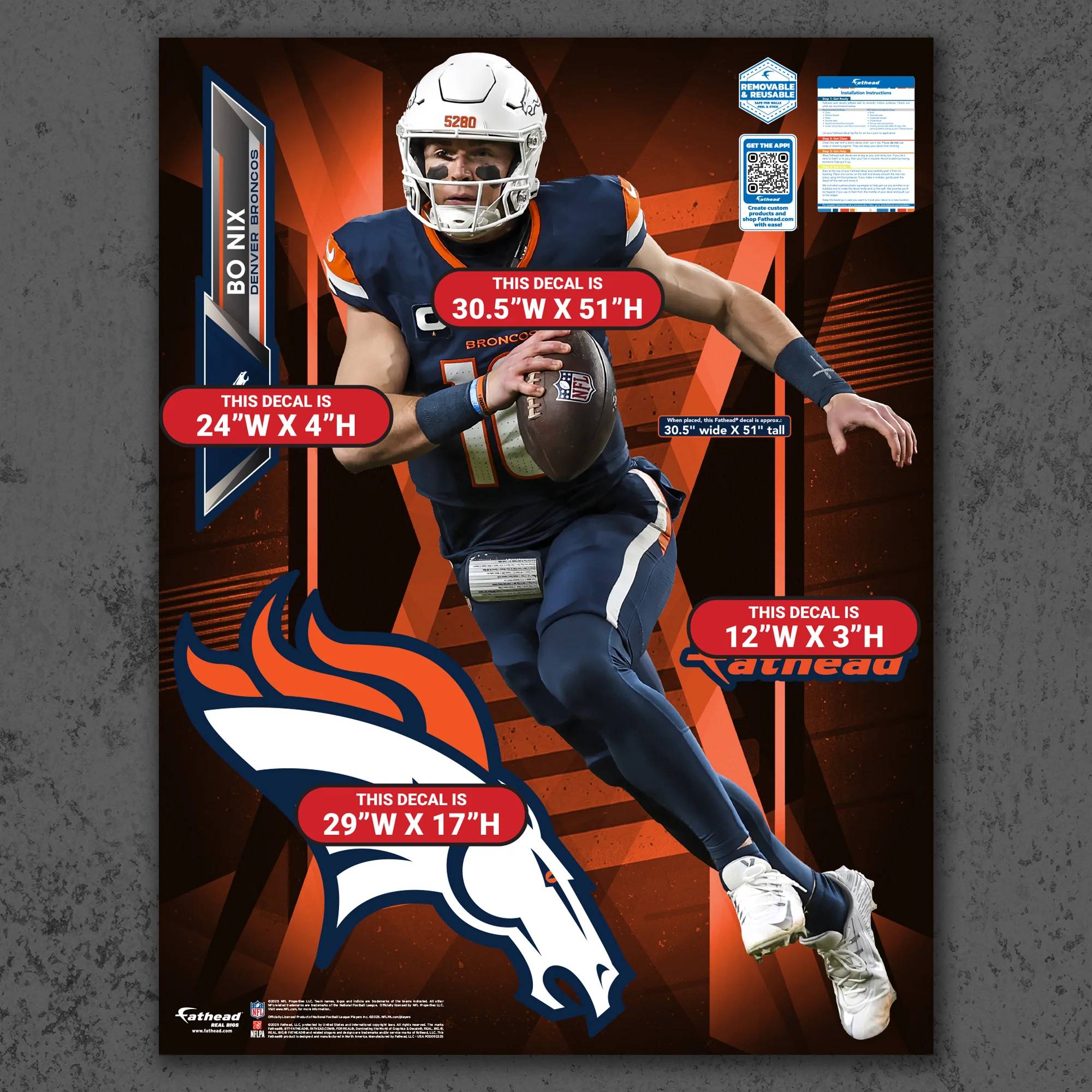Bo Nix - RealBig Alternate Collection - Official NFL - Denver Broncos - Reusable Vinyl Wall Decals - Image 6
