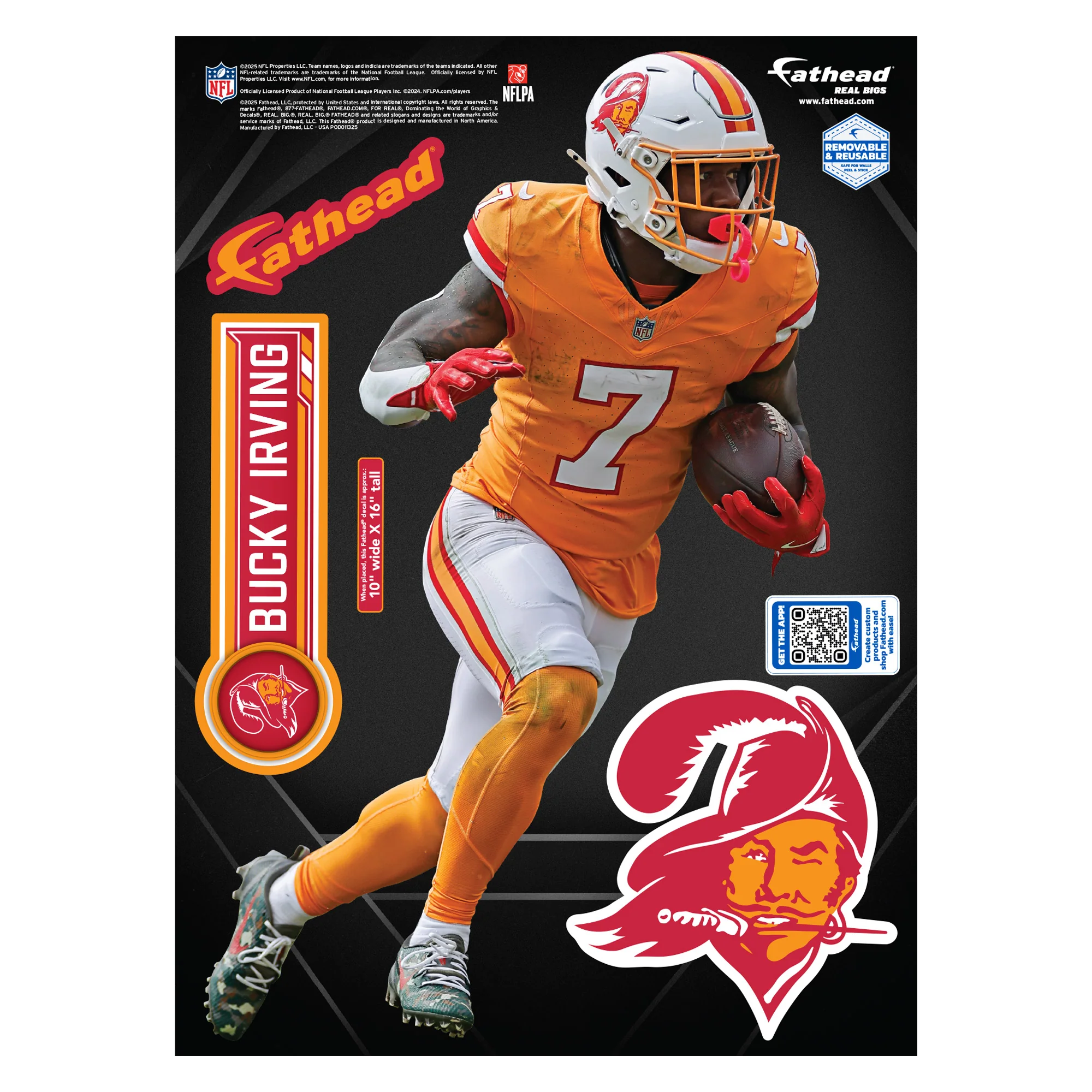Bucky Irving - Realbig Throwback Collection - Official NFL - Tampa Bay Buccaneers - Reusable Vinyl Wall Decals - Image 7