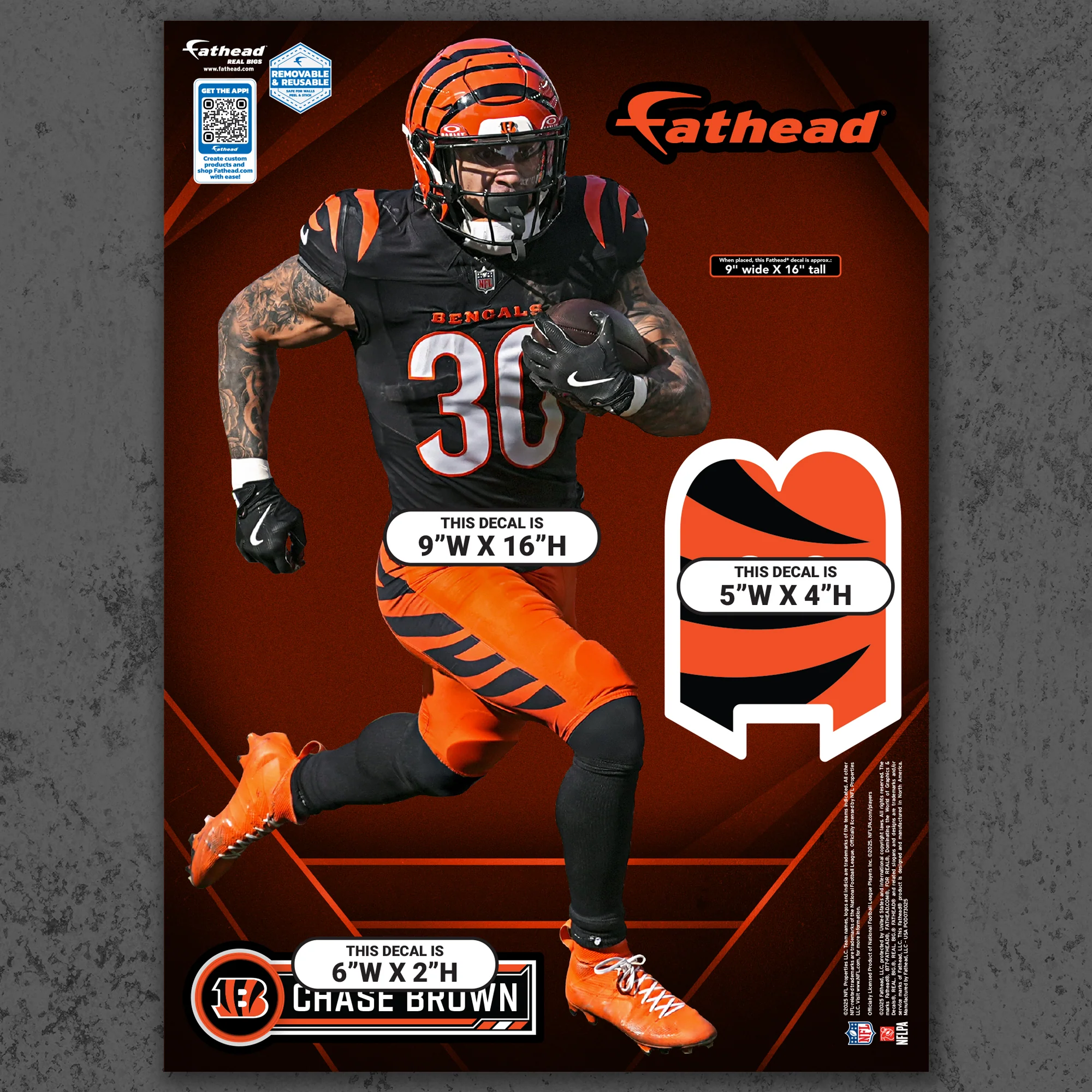 Chase Brown - RealBig Collection - Official NFL - Cincinnati Bengals - Reusable Vinyl Wall Decals - Image 8