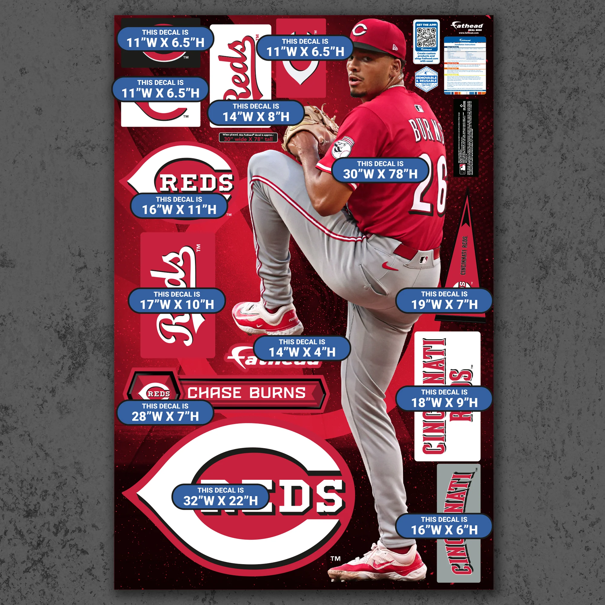 Chase Burns - RealBig Collection - Official MLB - Cincinnati Reds - Reusable Vinyl Wall Decals - Image 4