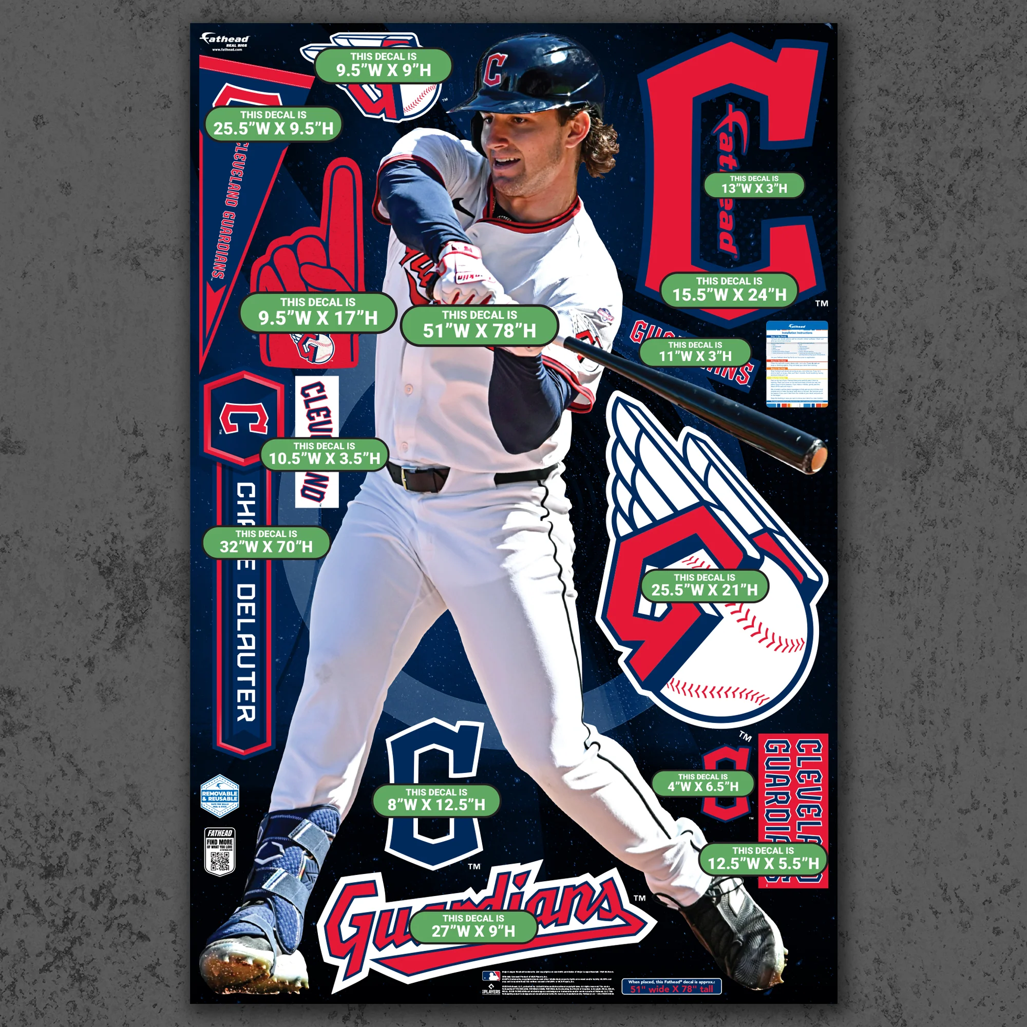 Chase Delauter - RealBig Collection - Official MLB - Cleveland Guardians - Reusable Vinyl Wall Decals - Image 4