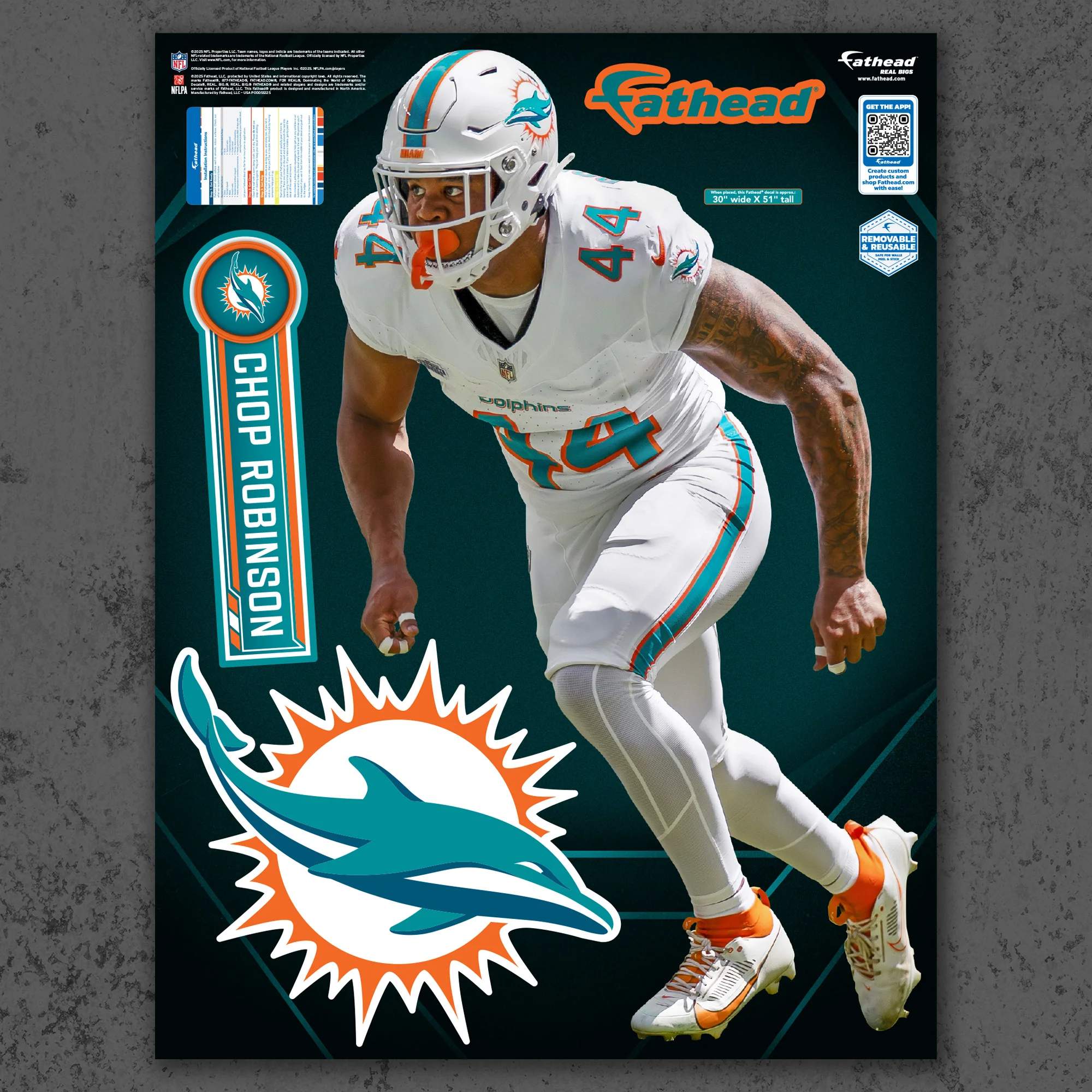 Chop Robinson - RealBig Collection - Official NFL - Miami Dolphins - Reusable Vinyl Wall Decals - Image 5