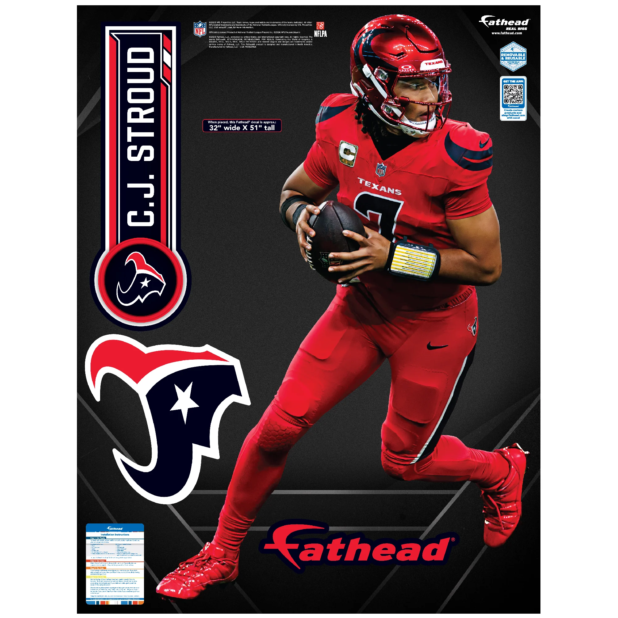 C.J. Stroud - Realbig Battle Red Collection - Official NFL - Houston Texans - Reusable Vinyl Wall Decals - Image 5
