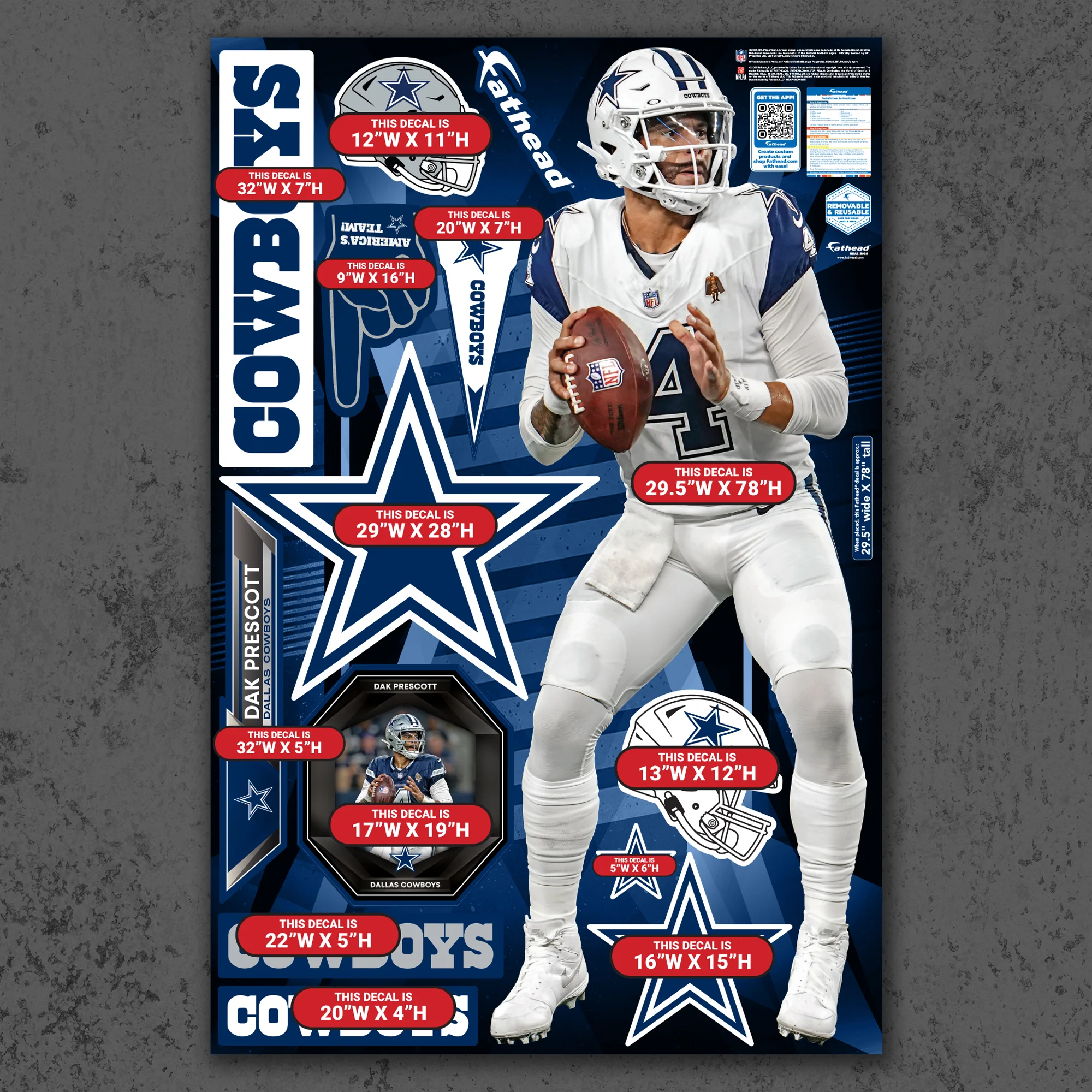 Dak Prescott - RealBig Color Rush Collection - Official NFL - Dallas Cowboys - Reusable Vinyl Wall Decals - Image 4