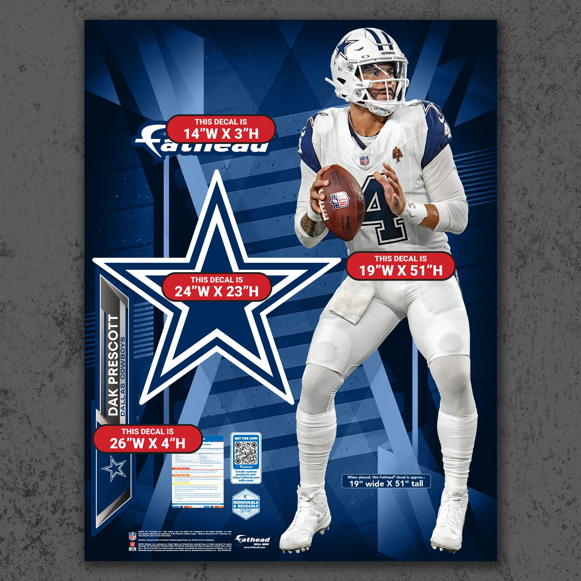Dak Prescott - RealBig Color Rush Collection - Official NFL - Dallas Cowboys - Reusable Vinyl Wall Decals - Image 6