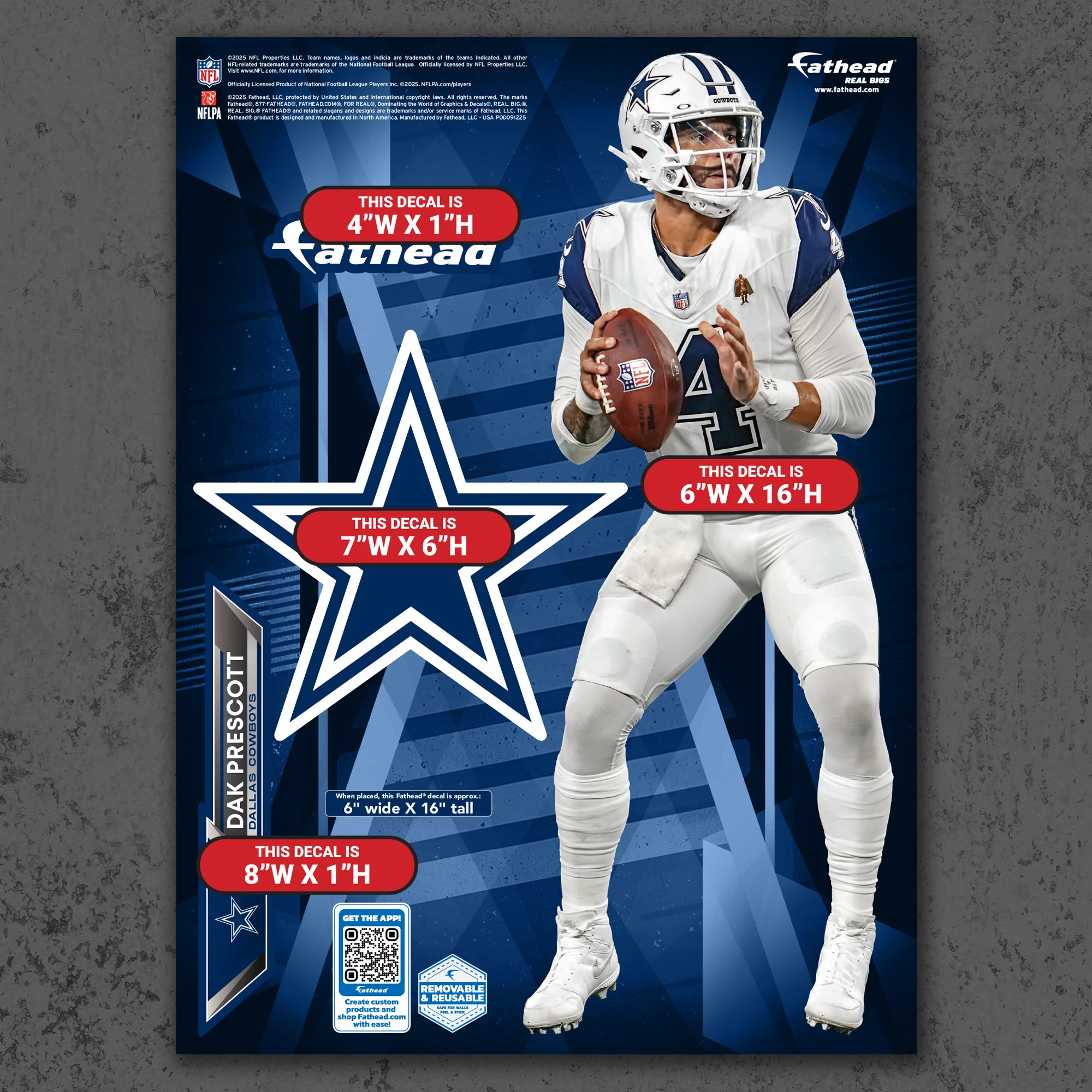 Dak Prescott - RealBig Color Rush Collection - Official NFL - Dallas Cowboys - Reusable Vinyl Wall Decals - Image 8