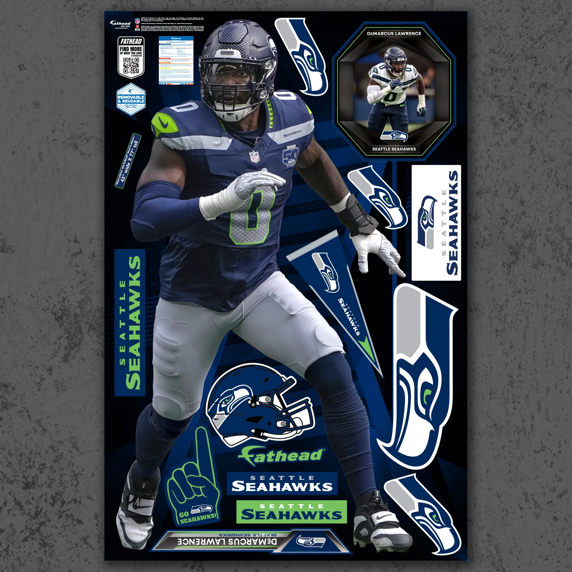 DeMarcus Lawrence - RealBig Collection - Official NFL - Seattle Seahawks - Reusable Vinyl Wall Decals - Image 2
