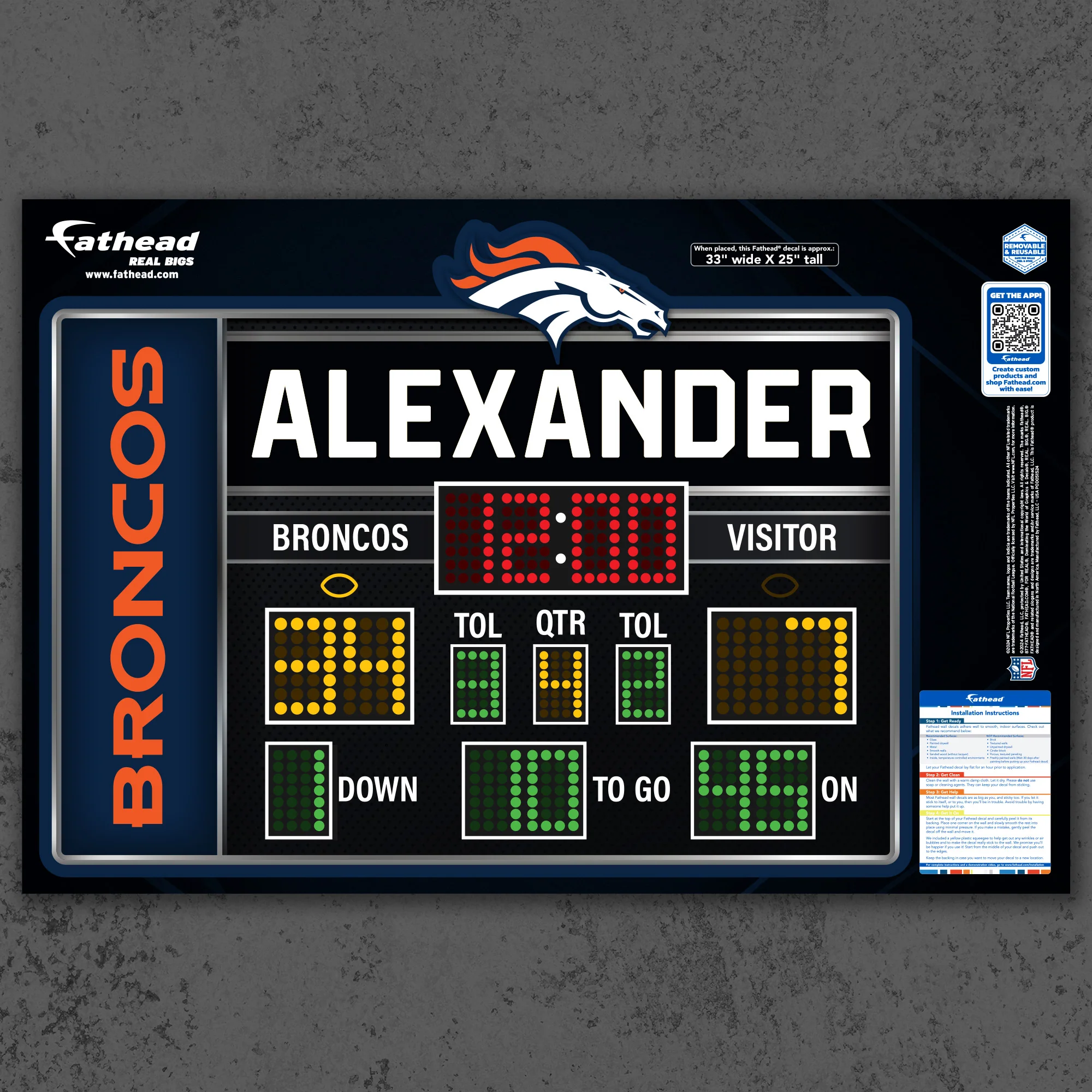 Denver Broncos - Scoreboard Graphic - With Personalized Name - Official NFL - Reusable Vinyl Wall Decals - Image 5