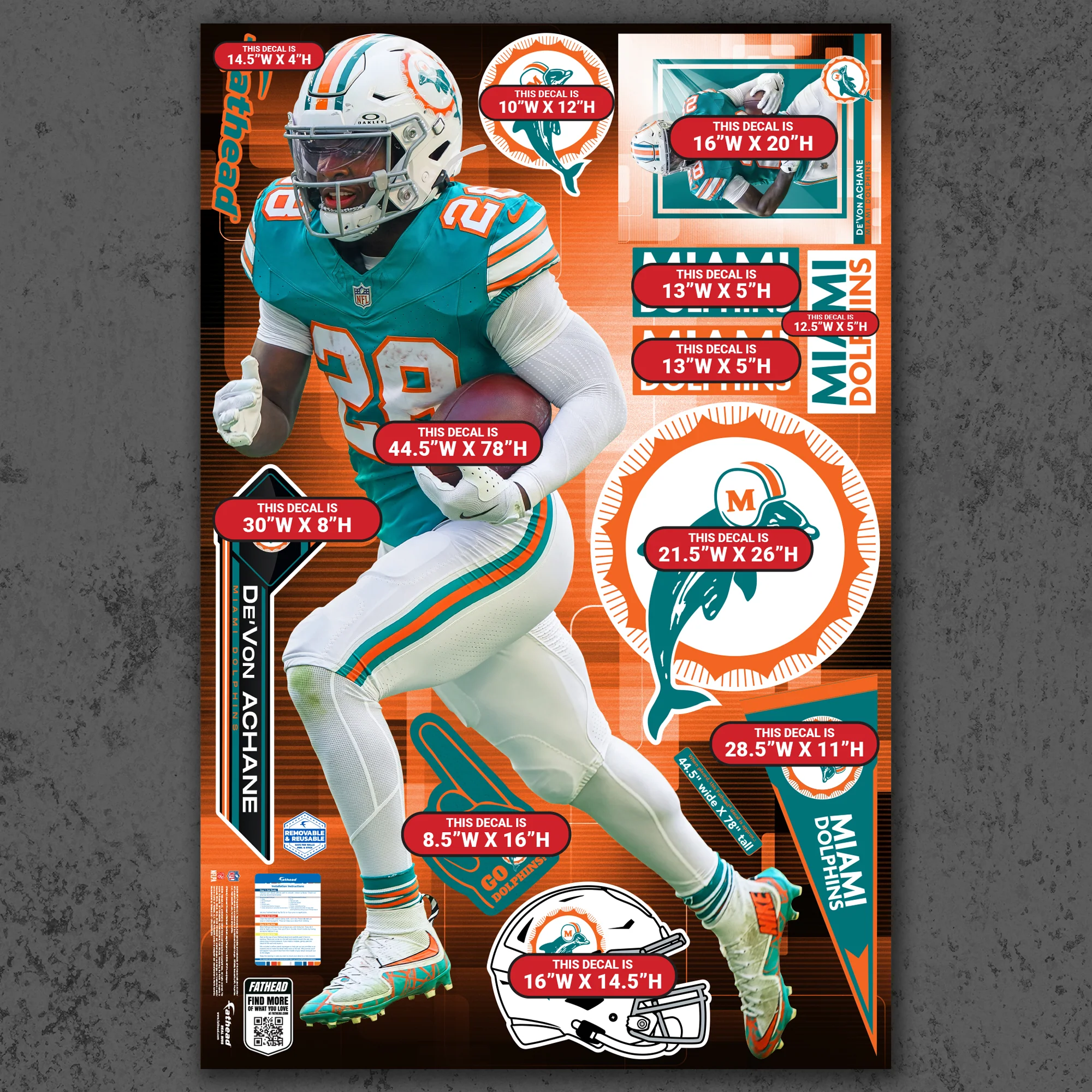 De'Von Achane - RealBig Throwback Collection - Official NFL - Miami Dolphins - Reusable Vinyl Wall Decals - Image 4