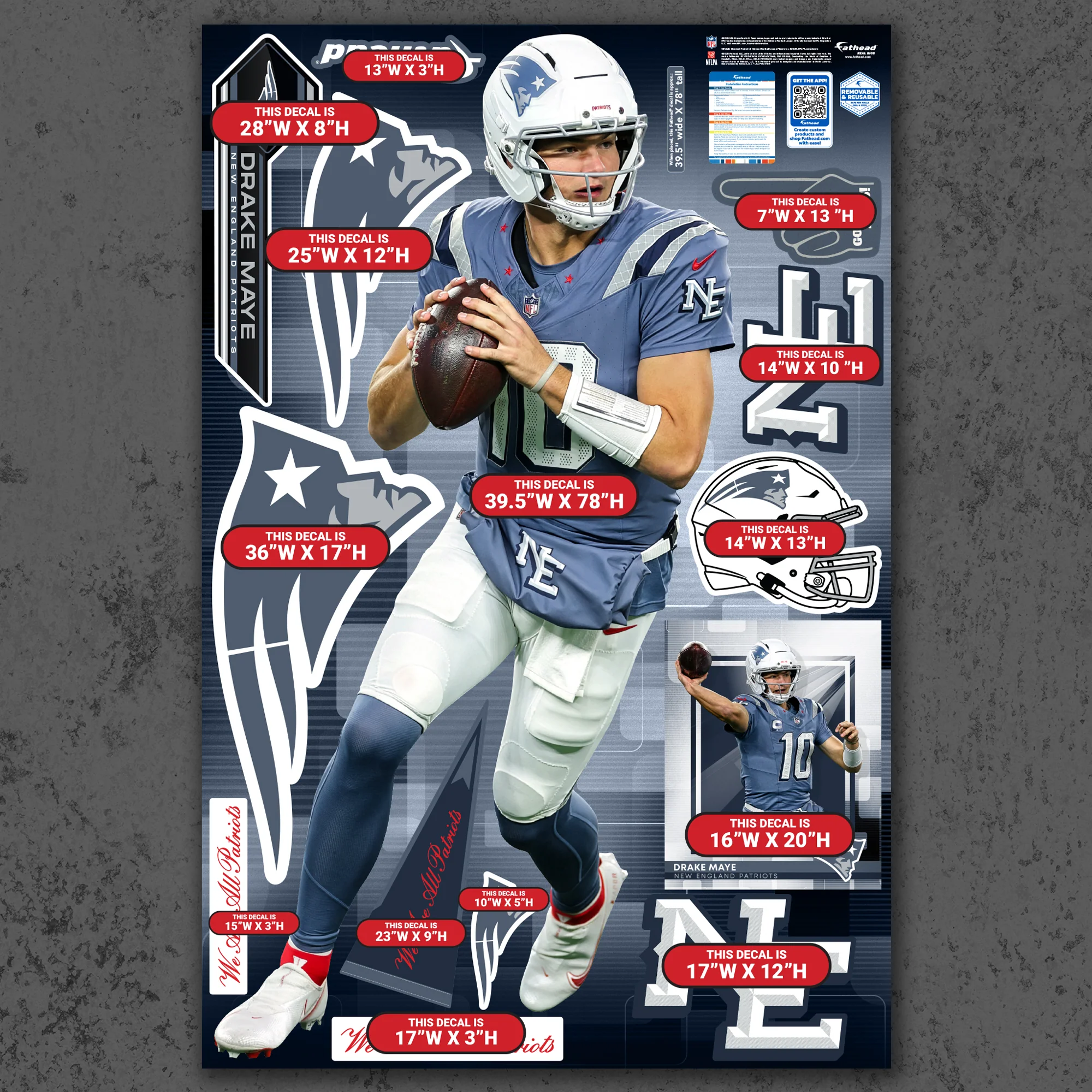 Drake Maye - RealBig Rivalry Uniform Collection - Official NFL - New England Patriots - Reusable Vinyl Wall Decals - Image 4