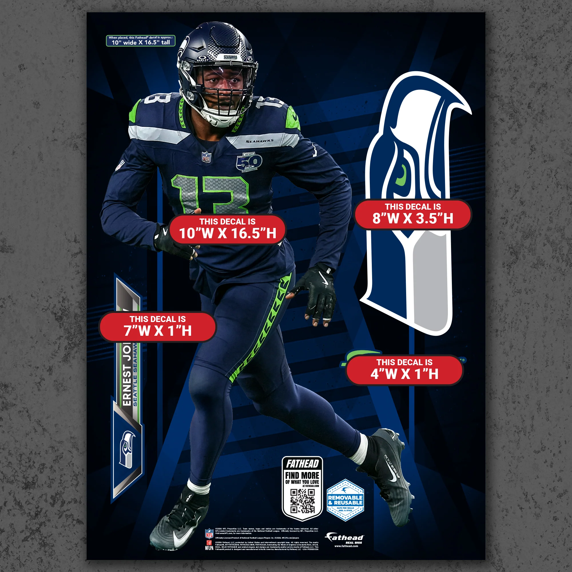 Ernest Jones IV - RealBig Collection - Official NFL - Seattle Seahawks - Reusable Vinyl Wall Decals - Image 8