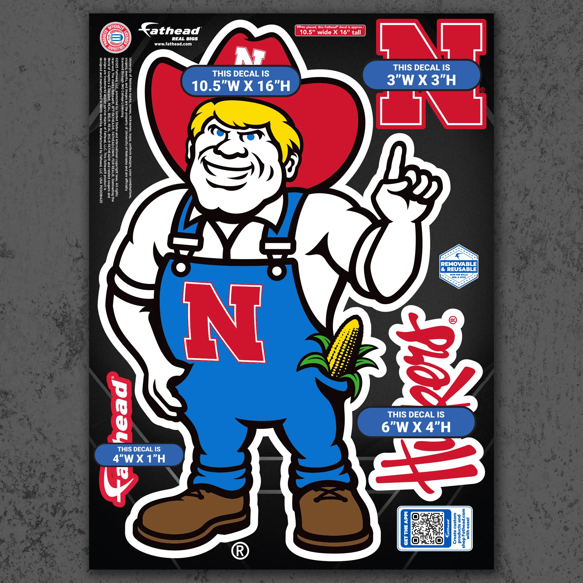Herbie - RealBig Illustrated Mascot Collection - Official NCAA - Nebraska Cornhuskers - Reusable Vinyl Wall Decals - Image 8