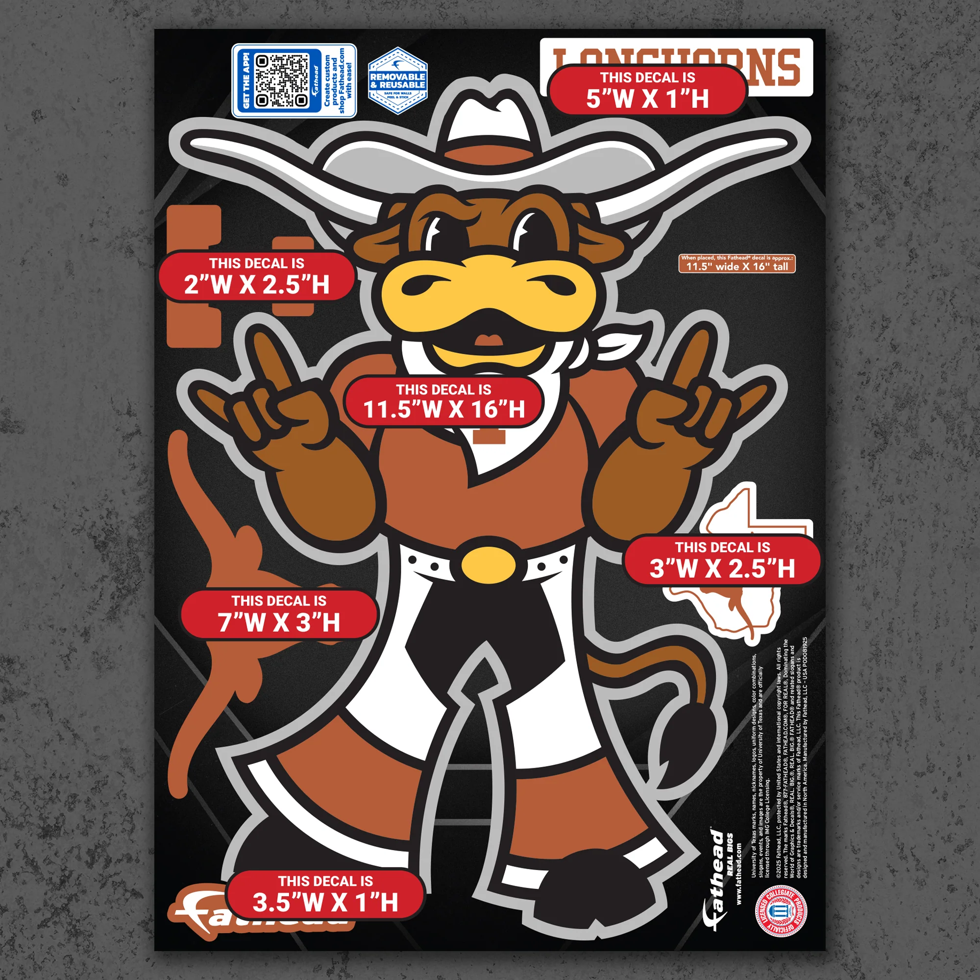 Hook 'Em - RealBig Illustrated Mascot Collection - Official NCAA - Texas Longhorns - Reusable Vinyl Wall Decals - Image 8