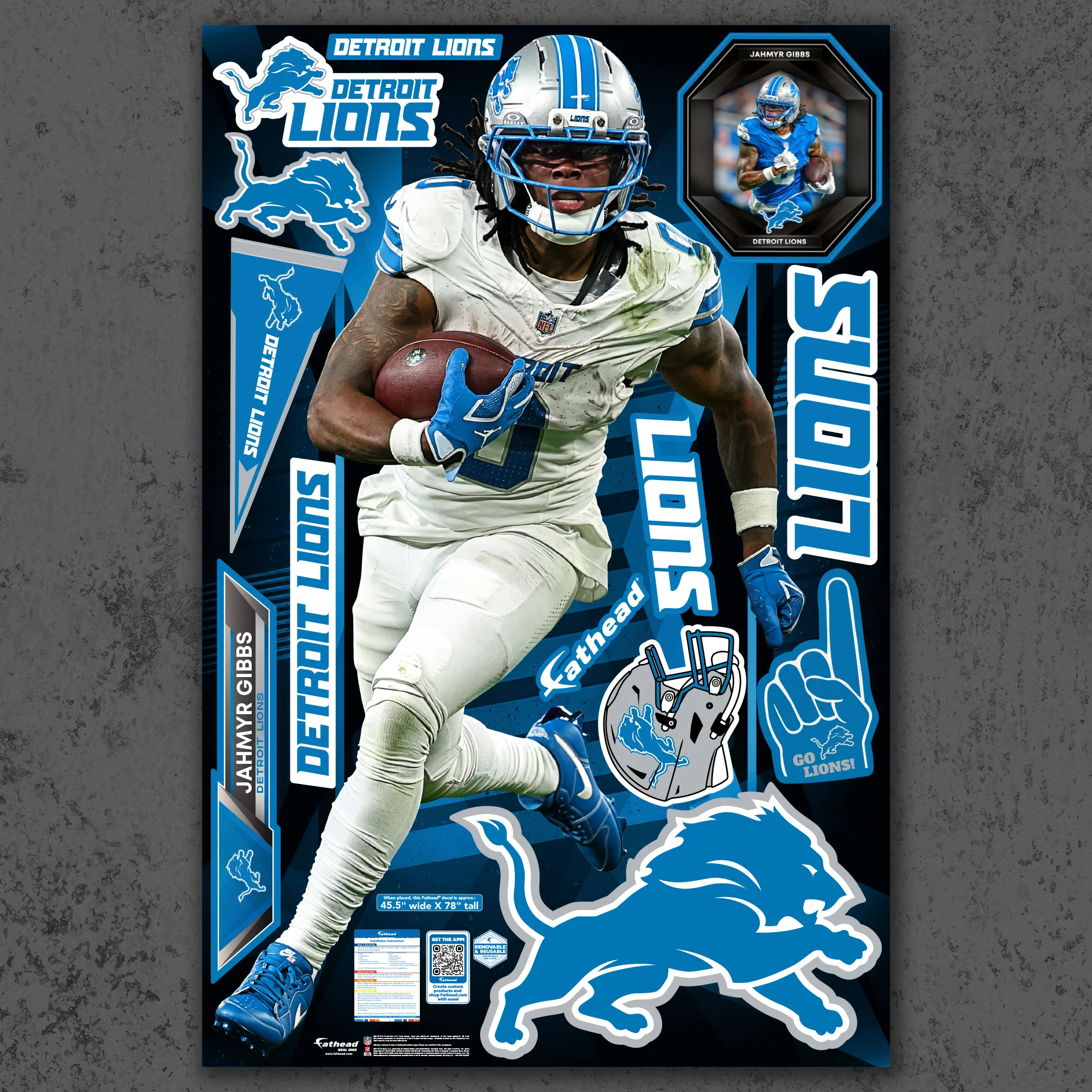 Jahmyr Gibbs - RealBig Away Collection - Official NFL - Detroit Lions - Reusable Vinyl Wall Decals - Image 2