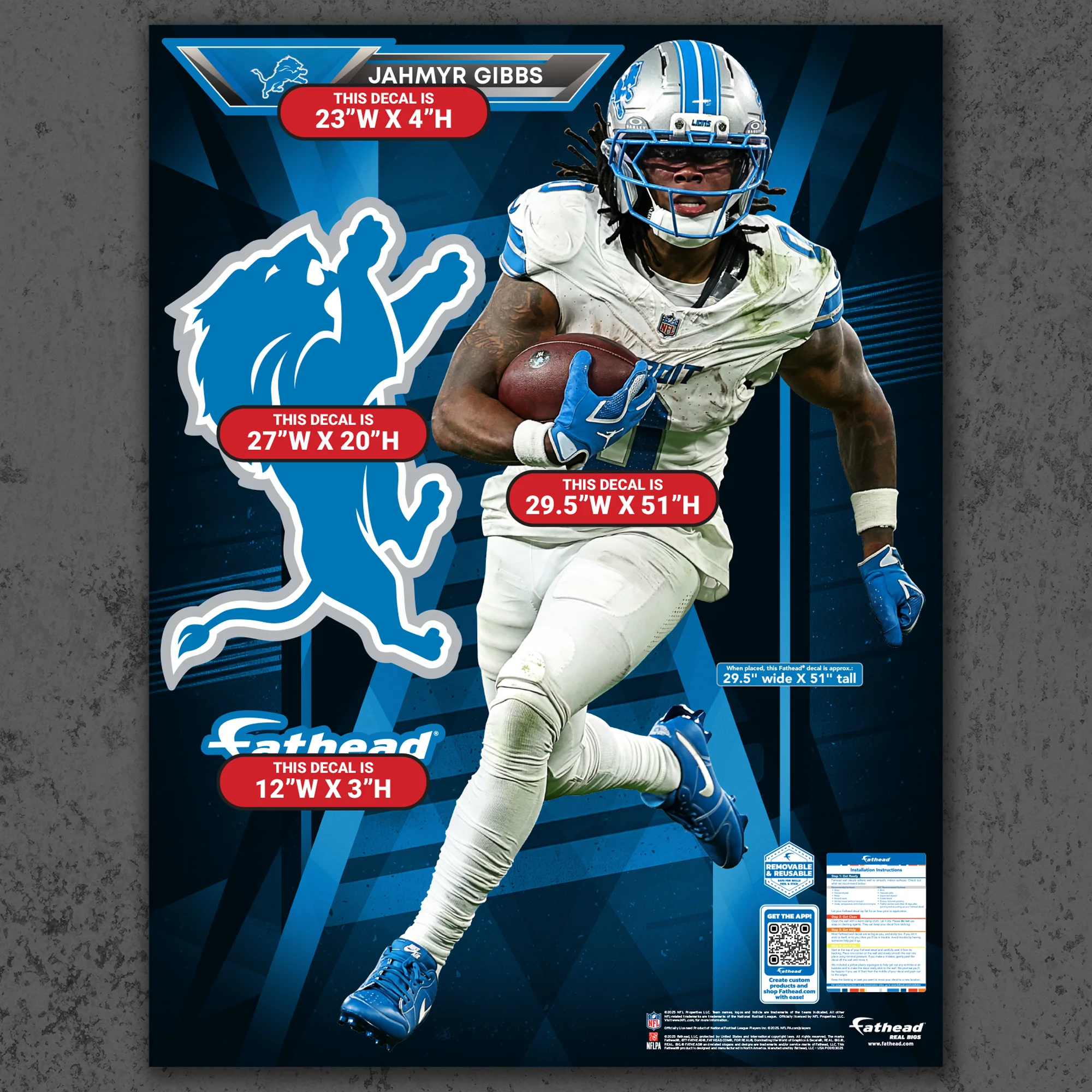 Jahmyr Gibbs - RealBig Away Collection - Official NFL - Detroit Lions - Reusable Vinyl Wall Decals - Image 6