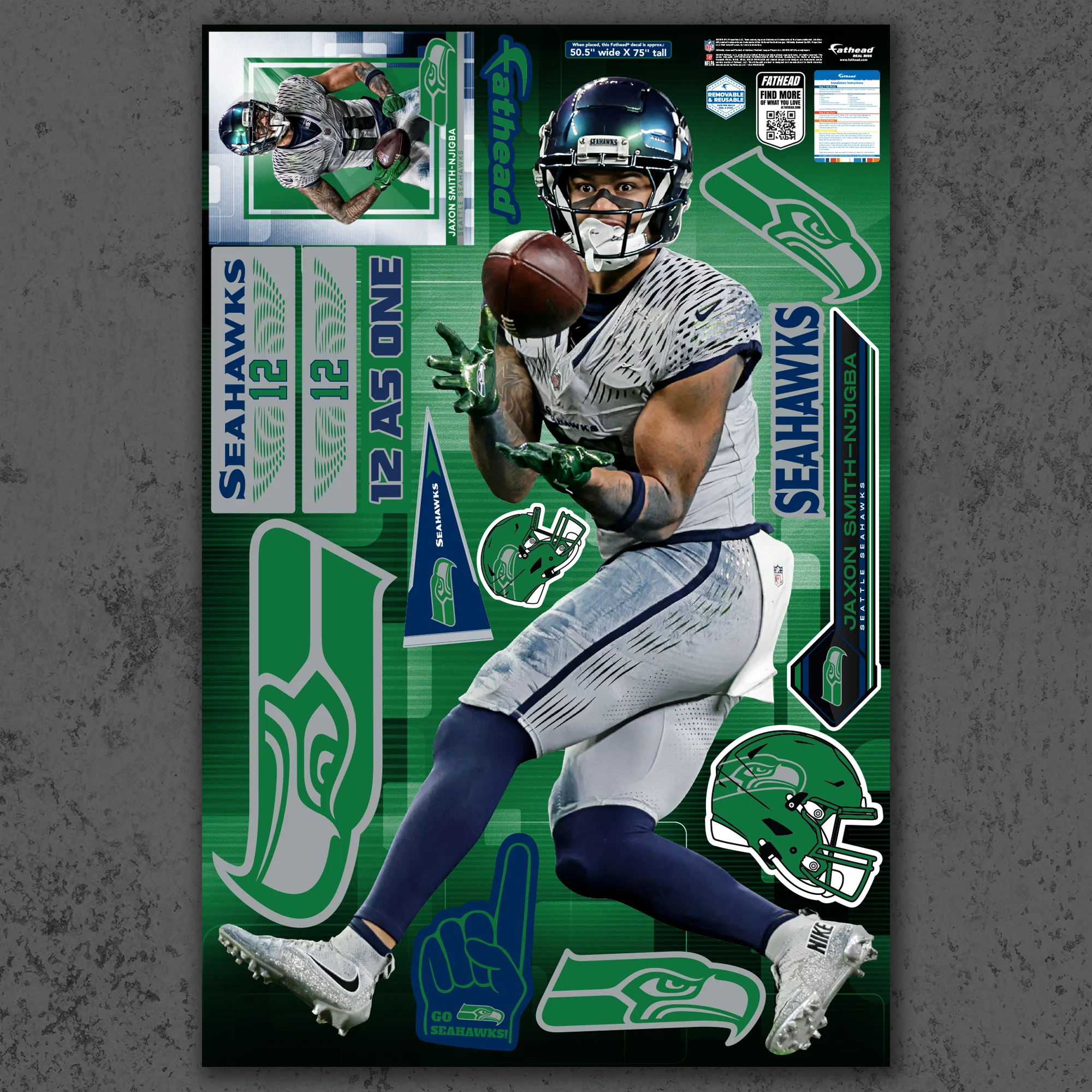 Jaxon Smith-Njigba - RealBig Rivalry Uniform Collection - Official NFL - Seattle Seahawks - Reusable Vinyl Wall Decals - Image 2
