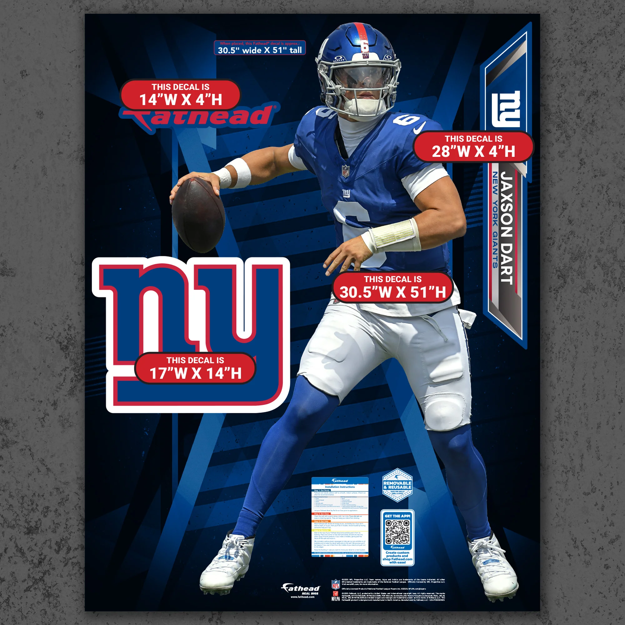 Jaxson Dart - RealBig Collection - Official NFL - New York Giants - Reusable Vinyl Wall Decals - Image 6