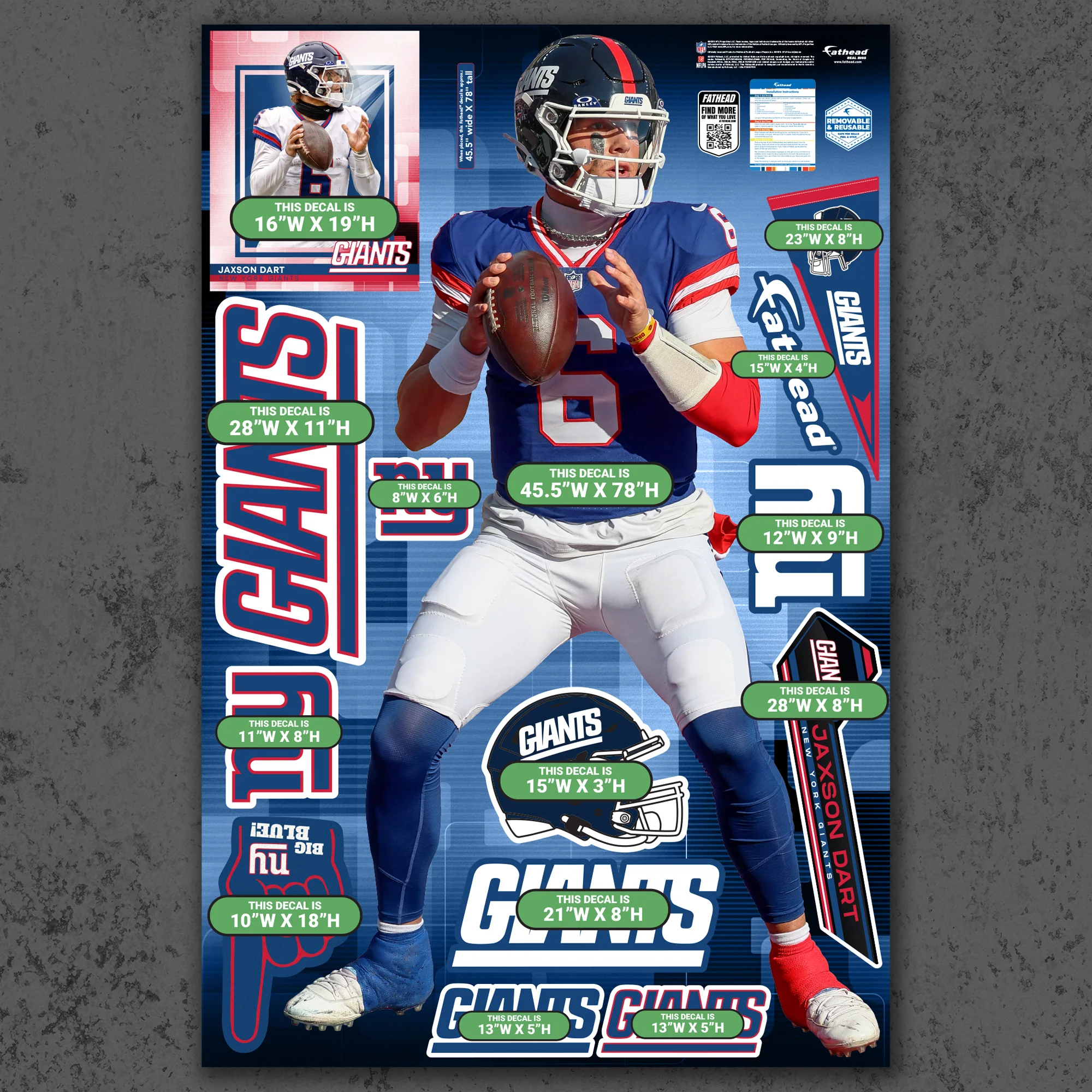 Jaxson Dart - RealBig Throwback Collection - Official NFL - New York Giants - Reusable Vinyl Wall Decals - Image 4