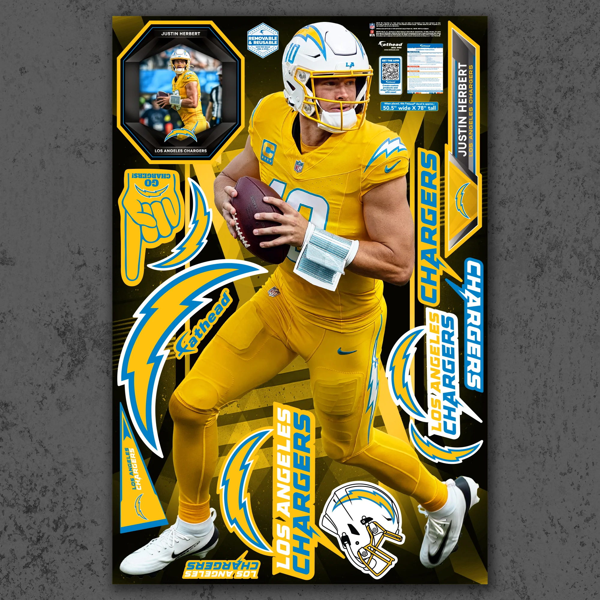Justin Herbert - RealBig Charger Power Collection - Official NFL - Los Angeles Chargers - Reusable Vinyl Wall Decals - Image 2