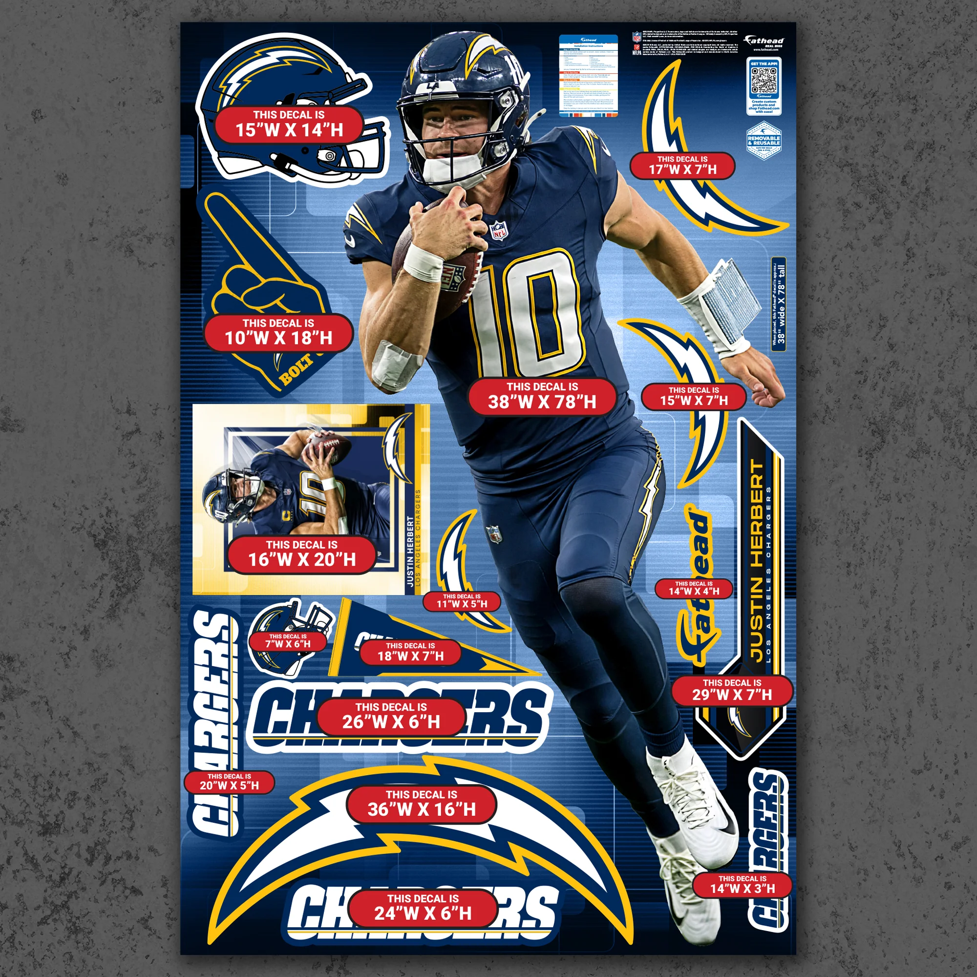 Justin Herbert - RealBig Super Charger Collection - Official NFL - Los Angeles Chargers - Reusable Vinyl Wall Decals - Image 4