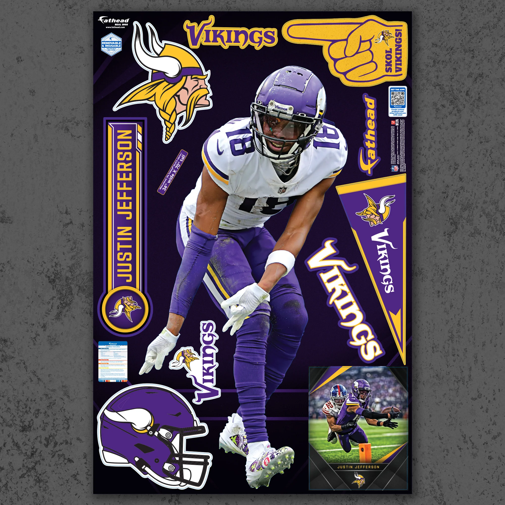 Justin Jefferson - RealBig End Zone Griddy Collection - Official NFL - Minnesota Vikings - Reusable Vinyl Wall Decals - Image 2