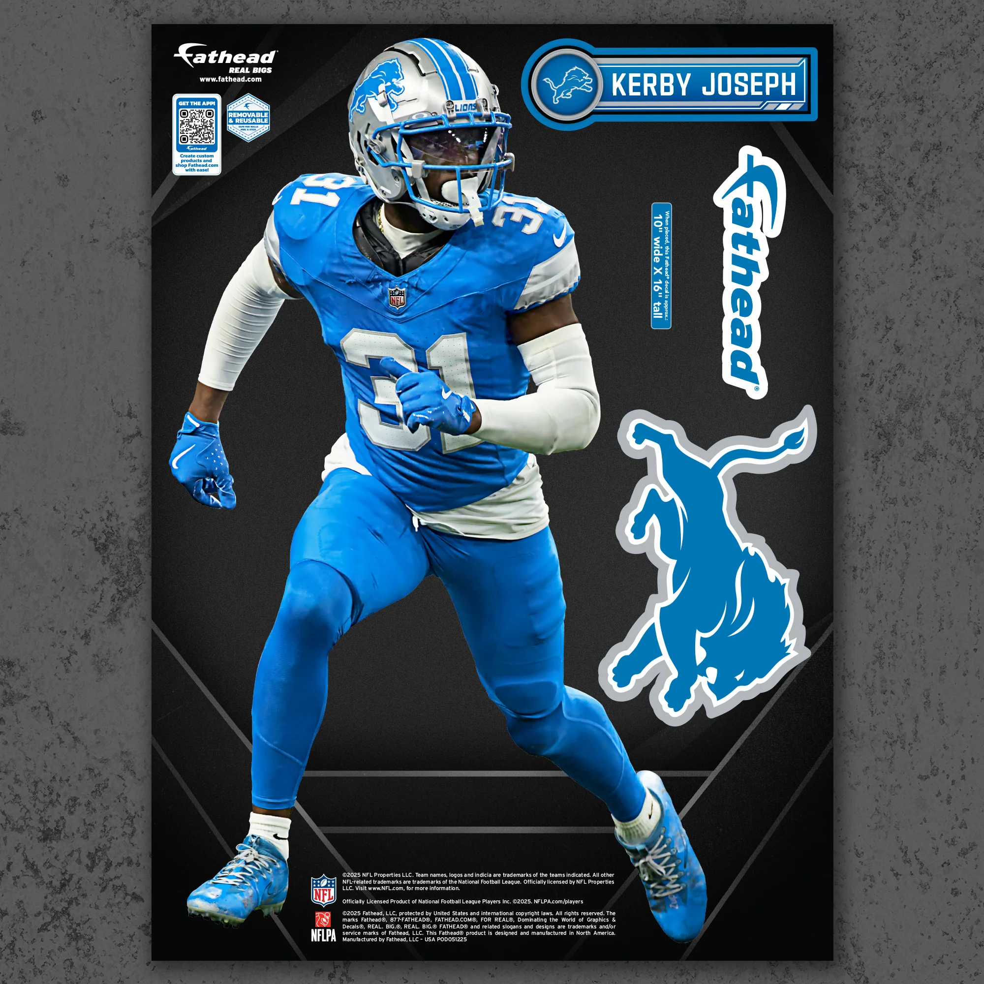 Kerby Joseph - RealBig Collection - Official NFL - Detroit Lions - Reusable Vinyl Wall Decals - Image 7