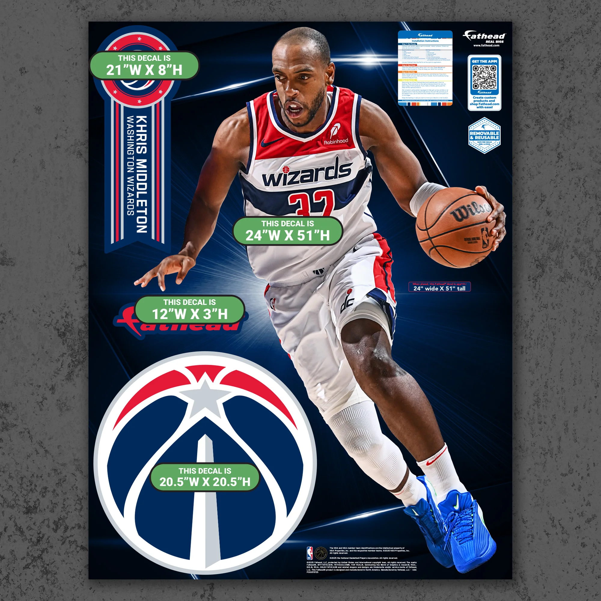Khris Middleton - RealBig Collection - Official NBA - Washington Wizards - Reusable Vinyl Wall Decals - Image 6