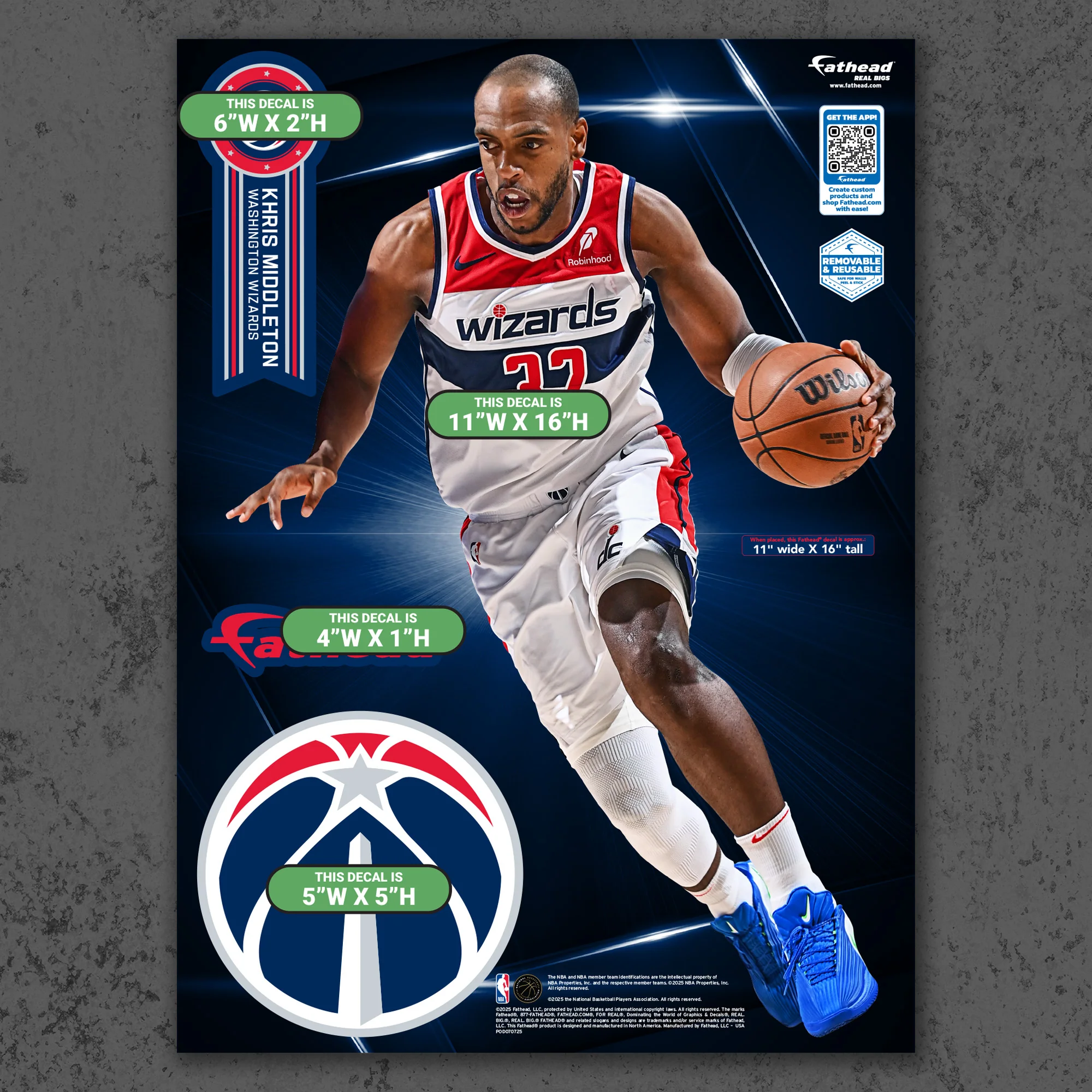 Khris Middleton - RealBig Collection - Official NBA - Washington Wizards - Reusable Vinyl Wall Decals - Image 8