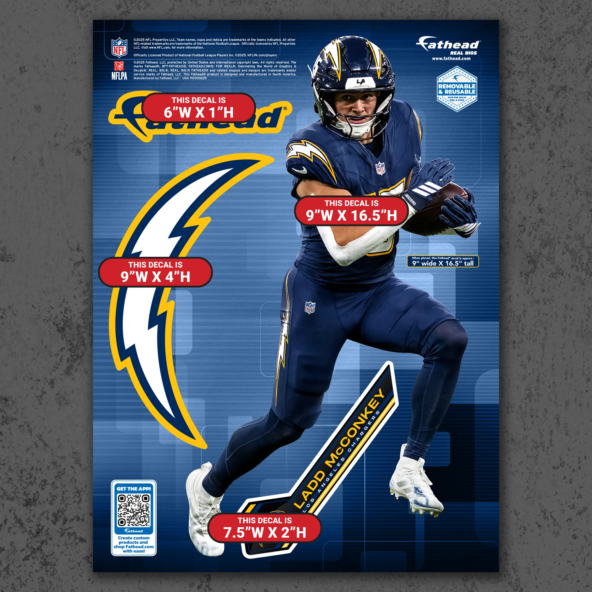 Ladd McConkey - RealBig Super Charger Collection - Official NFL - Los Angeles Chargers - Reusable Vinyl Wall Decals - Image 8