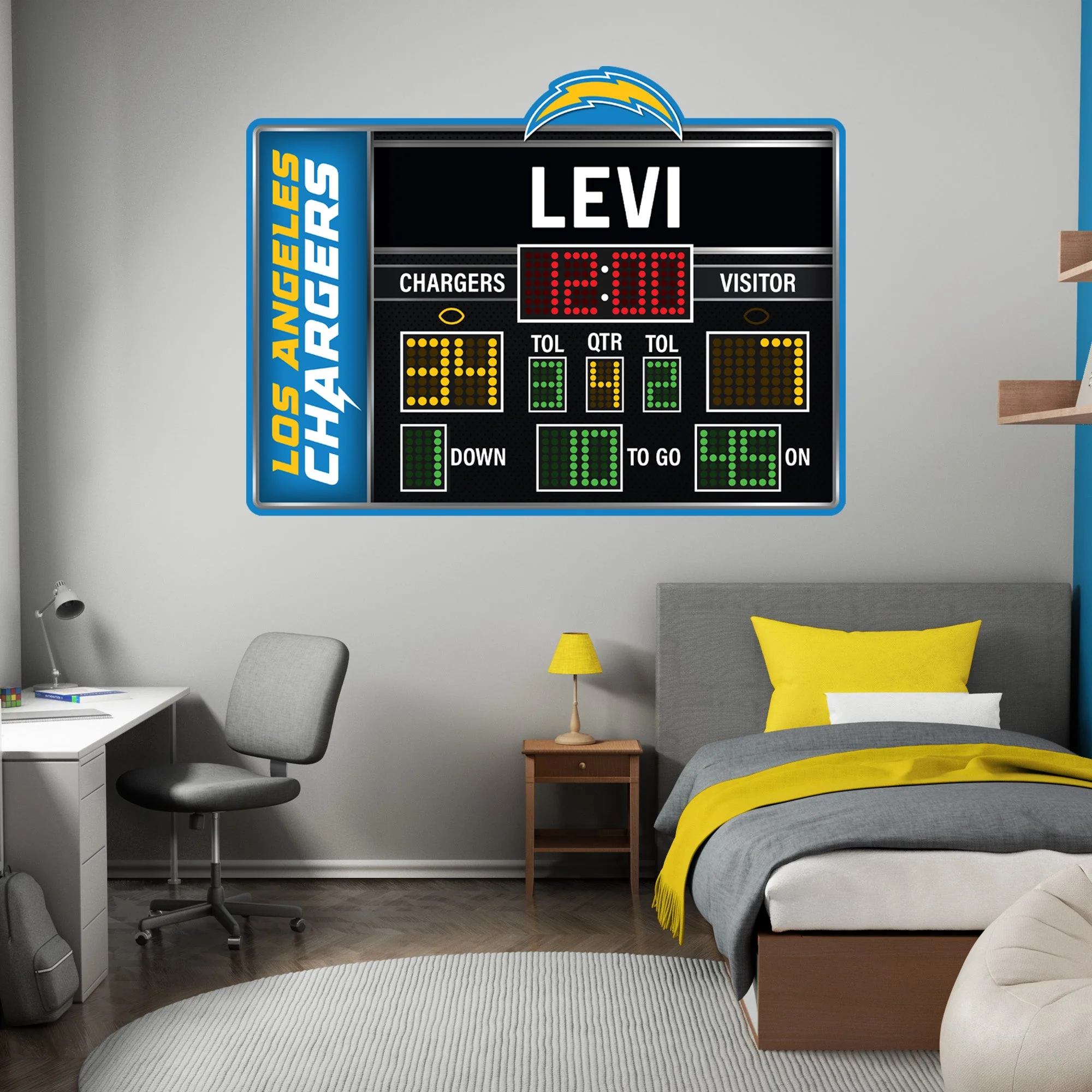 Los Angeles Chargers - Scoreboard Graphic - With Personalized Name - Official NFL - Reusable Vinyl Wall Decals