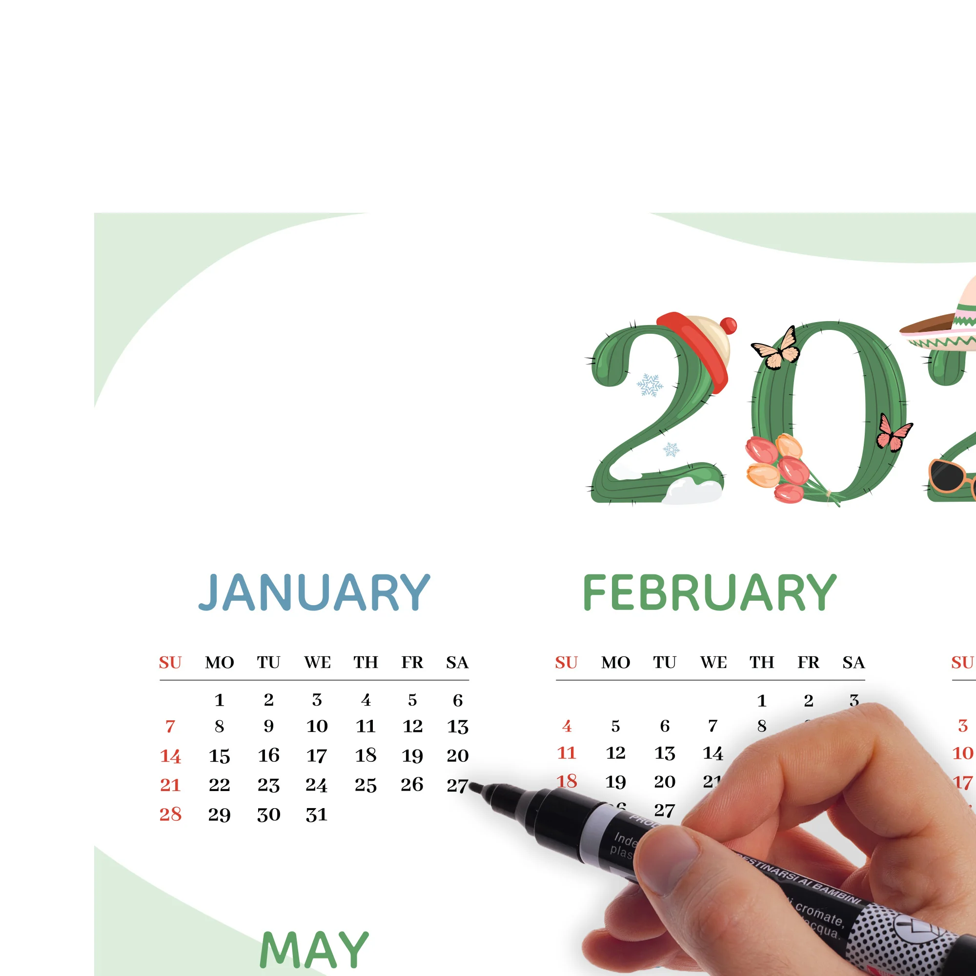 2024 Calendar: Cactus Dry Erase - Removable Adhesive Decal - Image 3