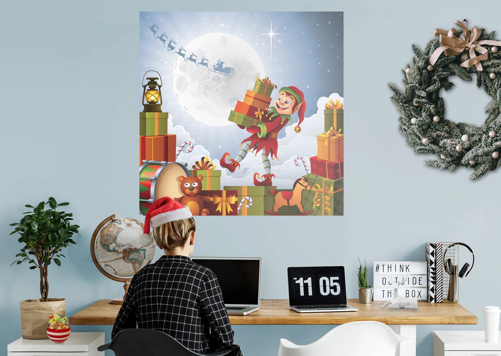 Seasons Decor: Winter Elf with Presents Mural        -   Removable     Adhesive Decal - Image 4