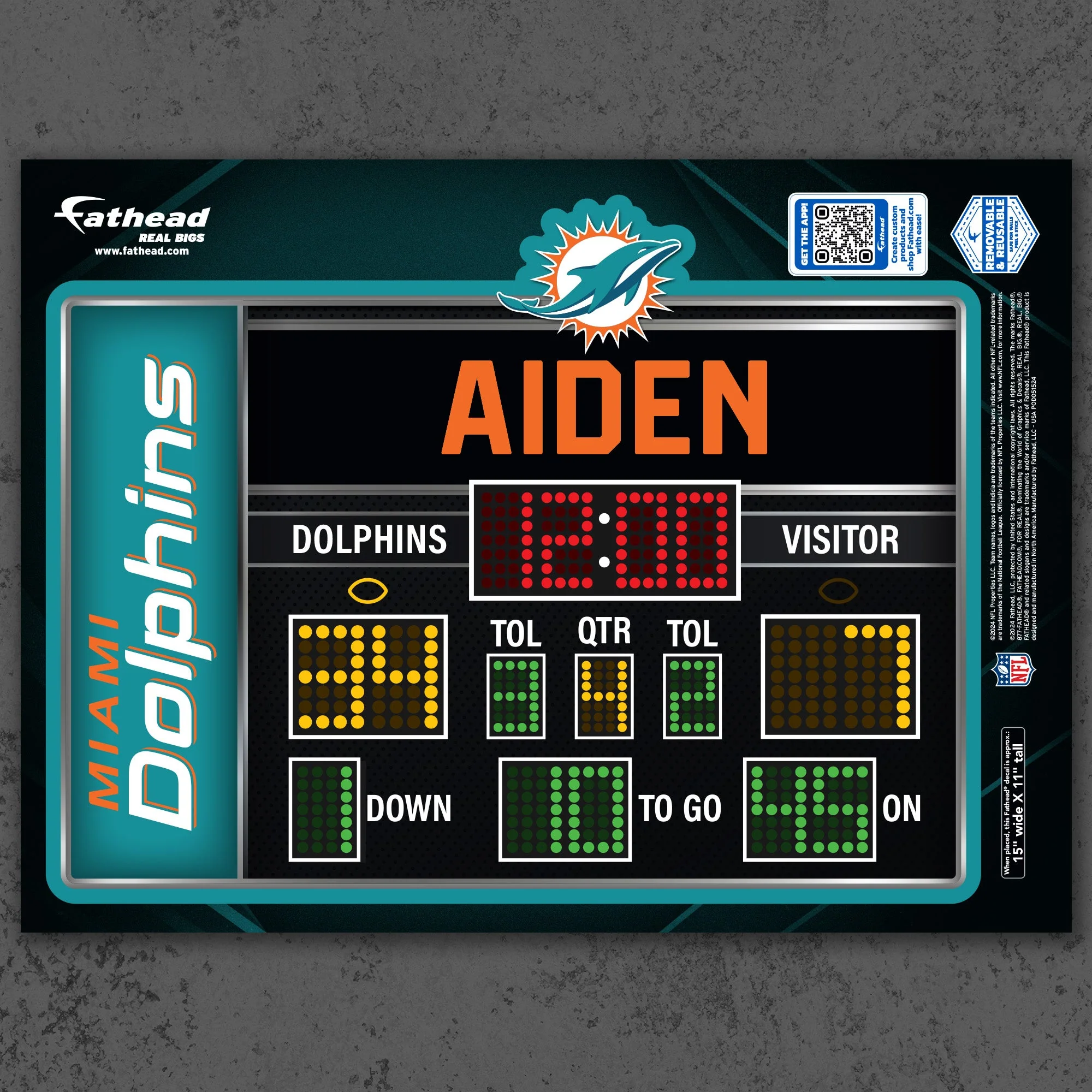 Miami Dolphins - Scoreboard Graphic - With Personalized Name - Official NFL - Reusable Vinyl Wall Decals - Image 7