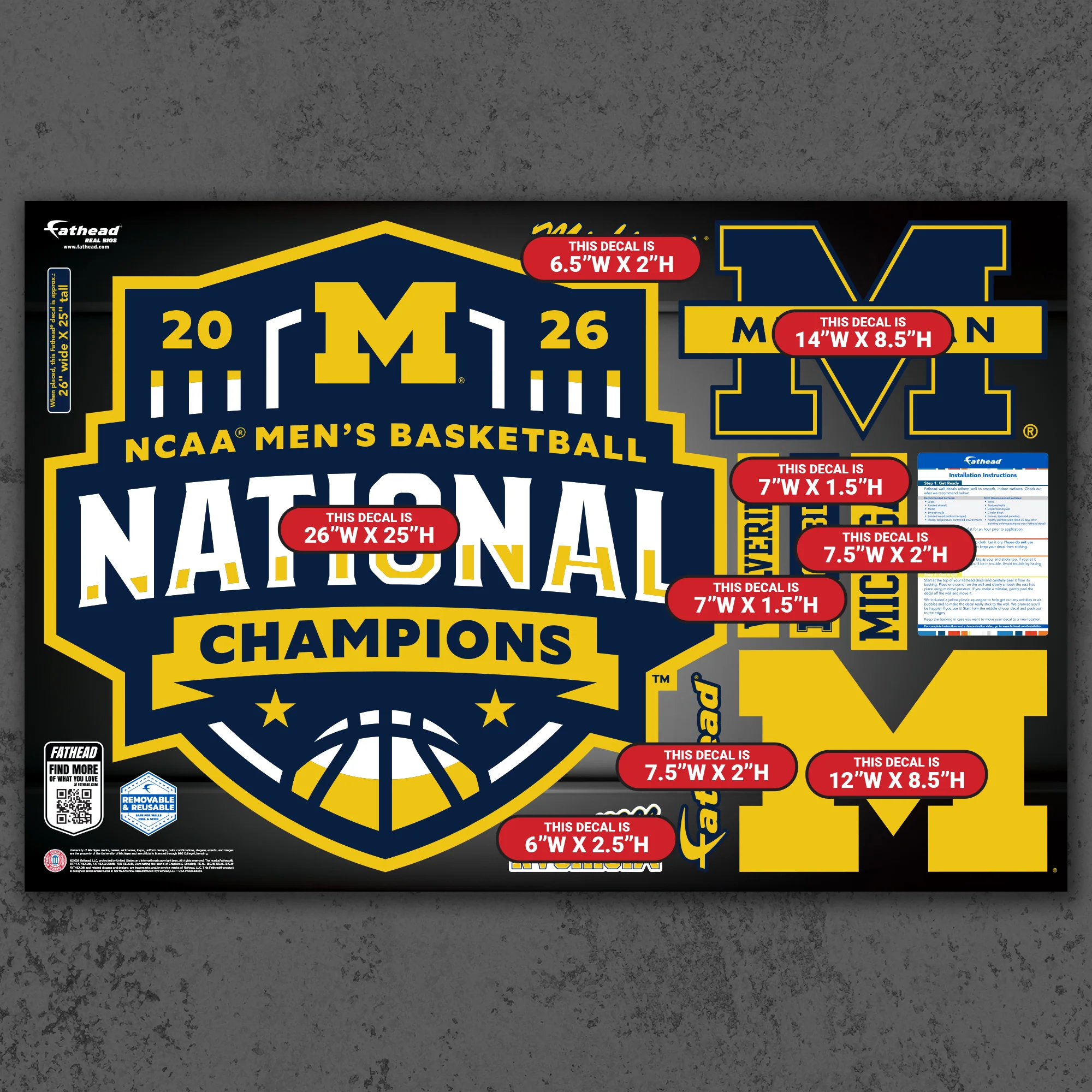 Michigan Wolverines - RealBig 2026 Men's Basketball National Champions Logo Collection - Official NCAA - Reusable Vinyl Wall Decals - Image 6
