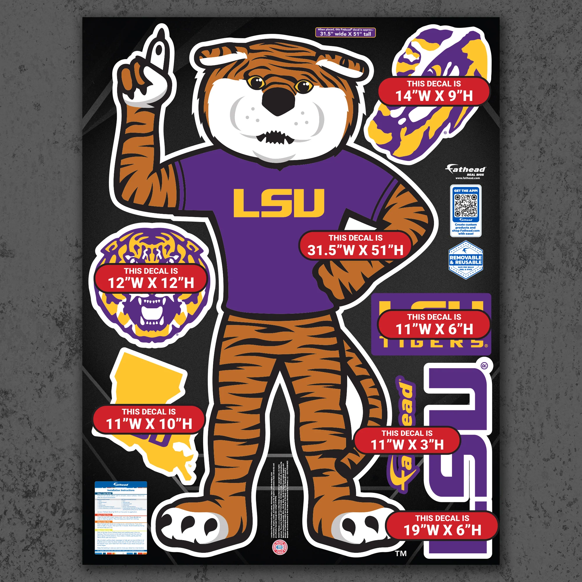 Mike the Tiger - RealBig Illustrated Mascot Collection - Official NCAA - LSU Tigers - Reusable Vinyl Wall Decals - Image 6