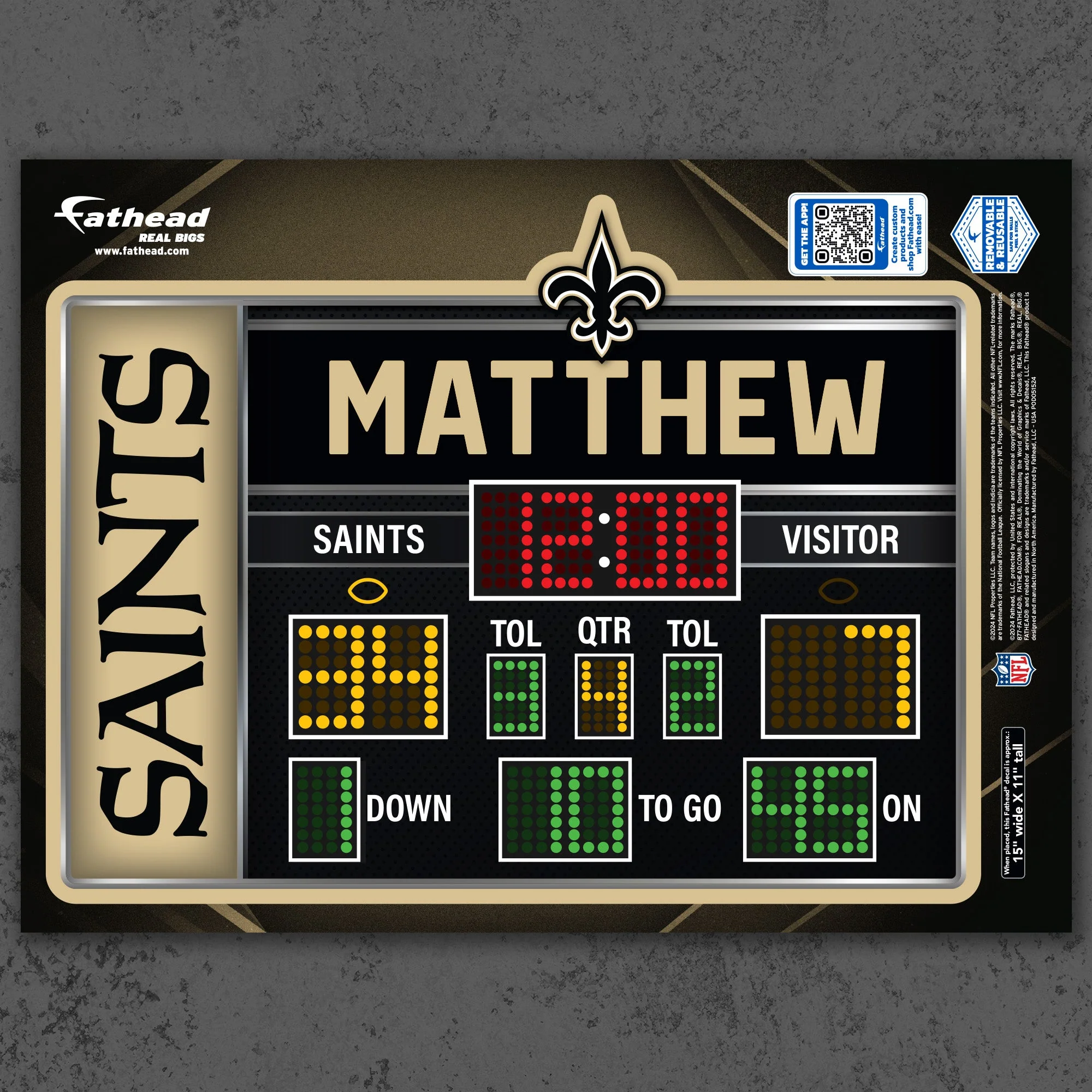 New Orleans Saints - Scoreboard Graphic - With Personalized Name - Official NFL - Reusable Vinyl Wall Decals - Image 7