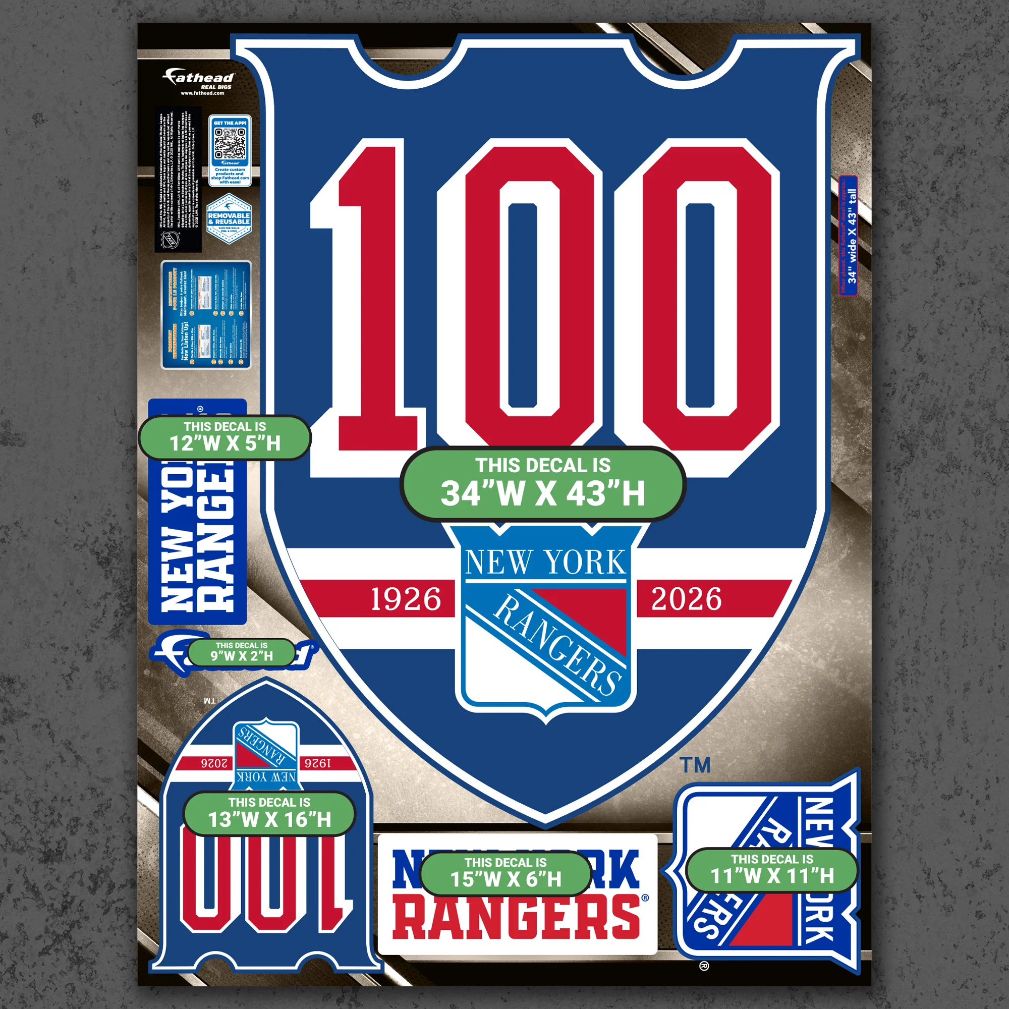 New York Rangers - RealBig Centennial Logo Collection - Official NHL - Reusable Vinyl Wall Decals - Image 4