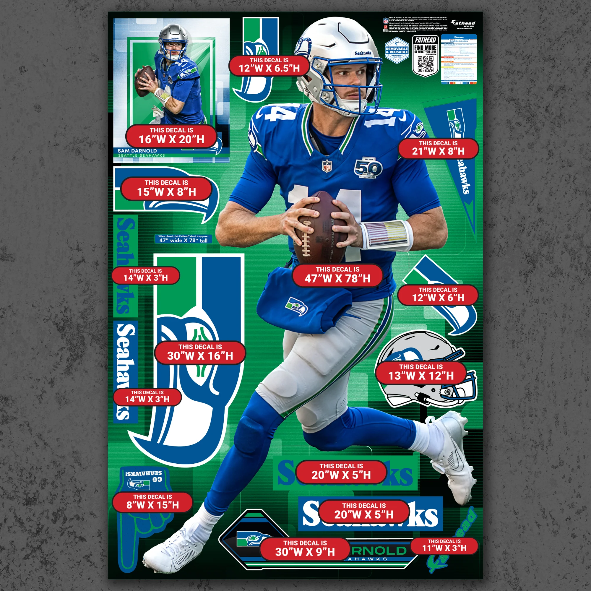 Sam Darnold - RealBig Throwback Collection - Official NFL - Seattle Seahawks - Reusable Vinyl Wall Decals - Image 4