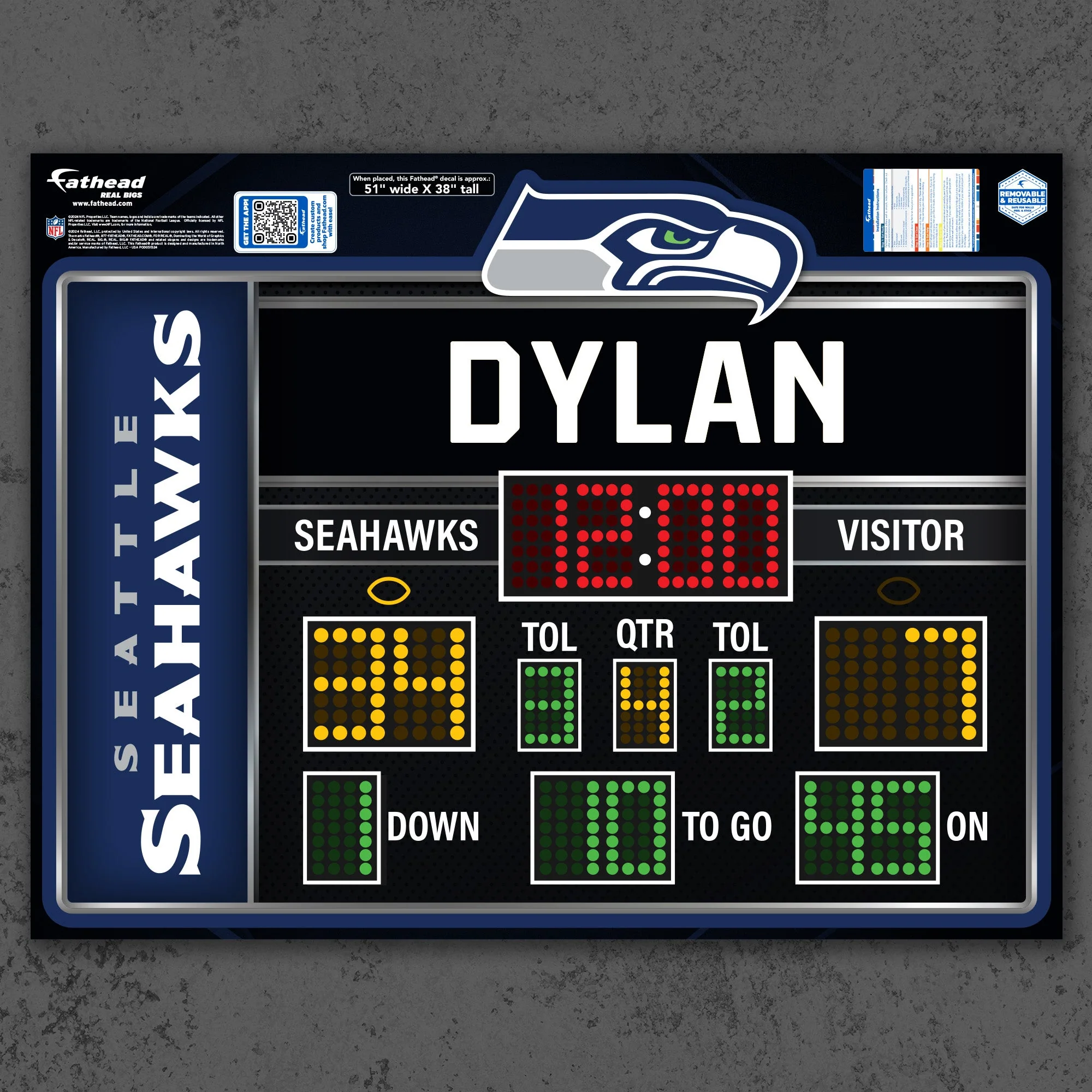 Seattle Seahawks - Scoreboard Graphic - With Personalized Name - Official NFL - Reusable Vinyl Wall Decals - Image 2