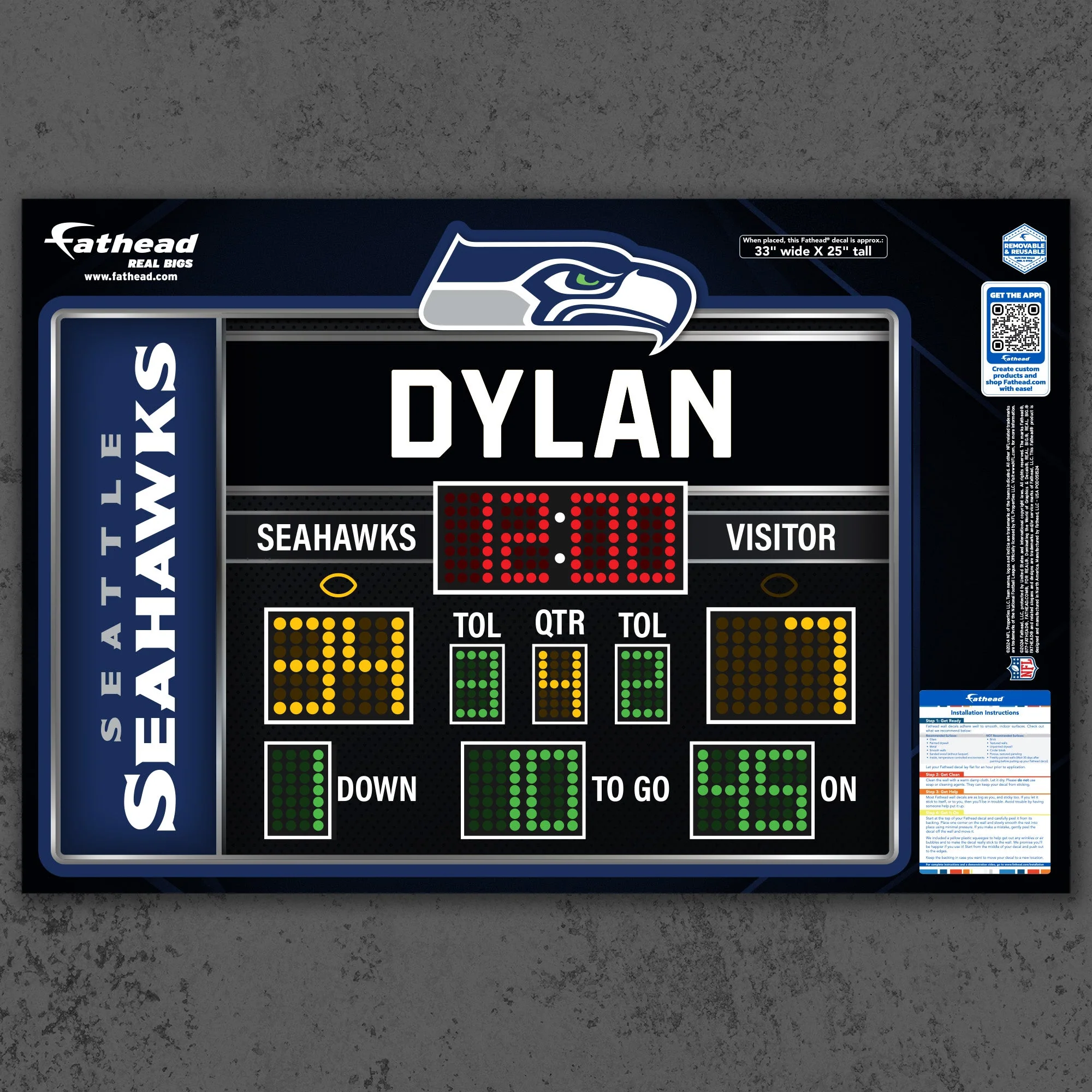 Seattle Seahawks - Scoreboard Graphic - With Personalized Name - Official NFL - Reusable Vinyl Wall Decals - Image 5