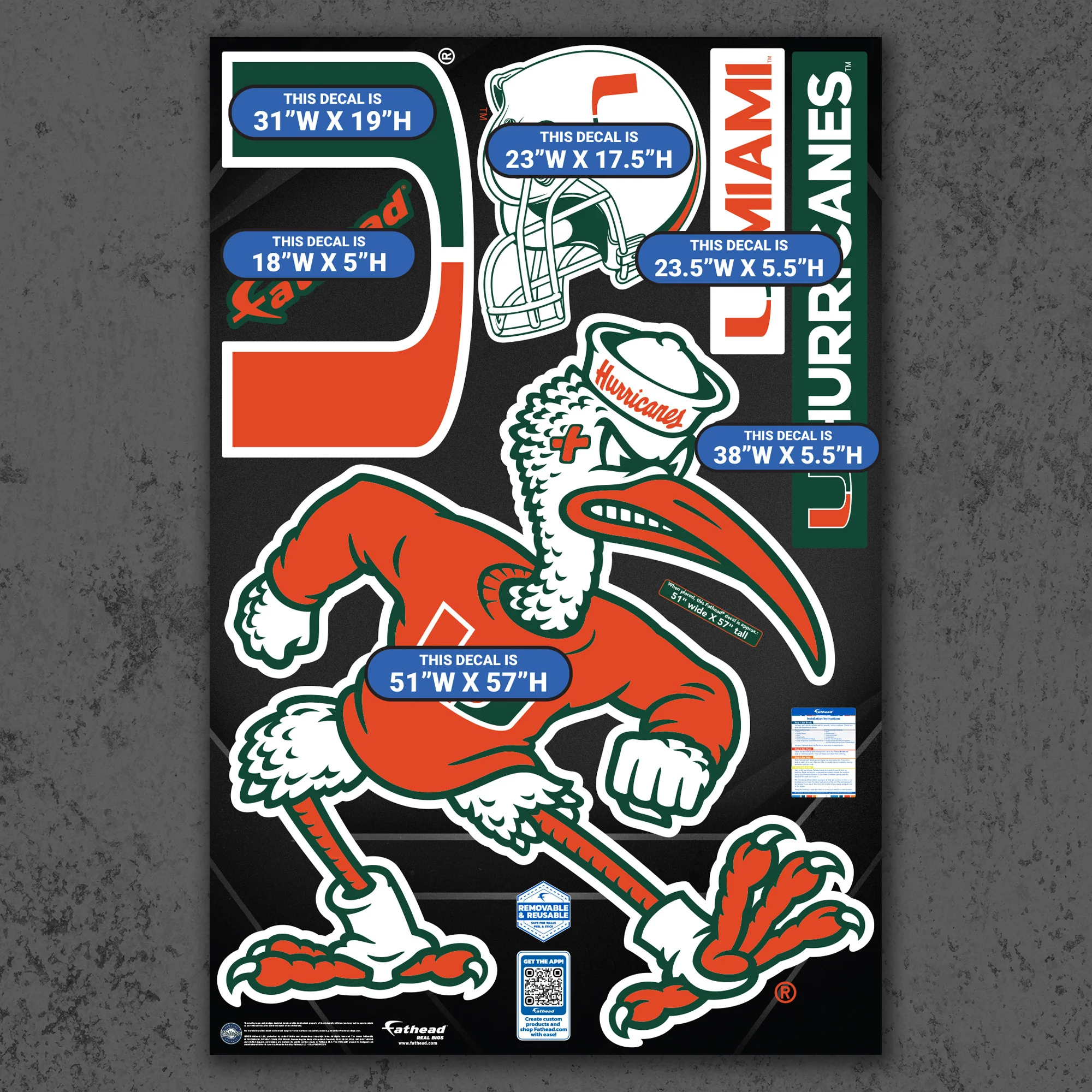 Sebastian the Ibis - RealBig Illustrated Mascot Collection - Official NCAA - Miami Hurricanes - Reusable Vinyl Wall Decals - Image 4