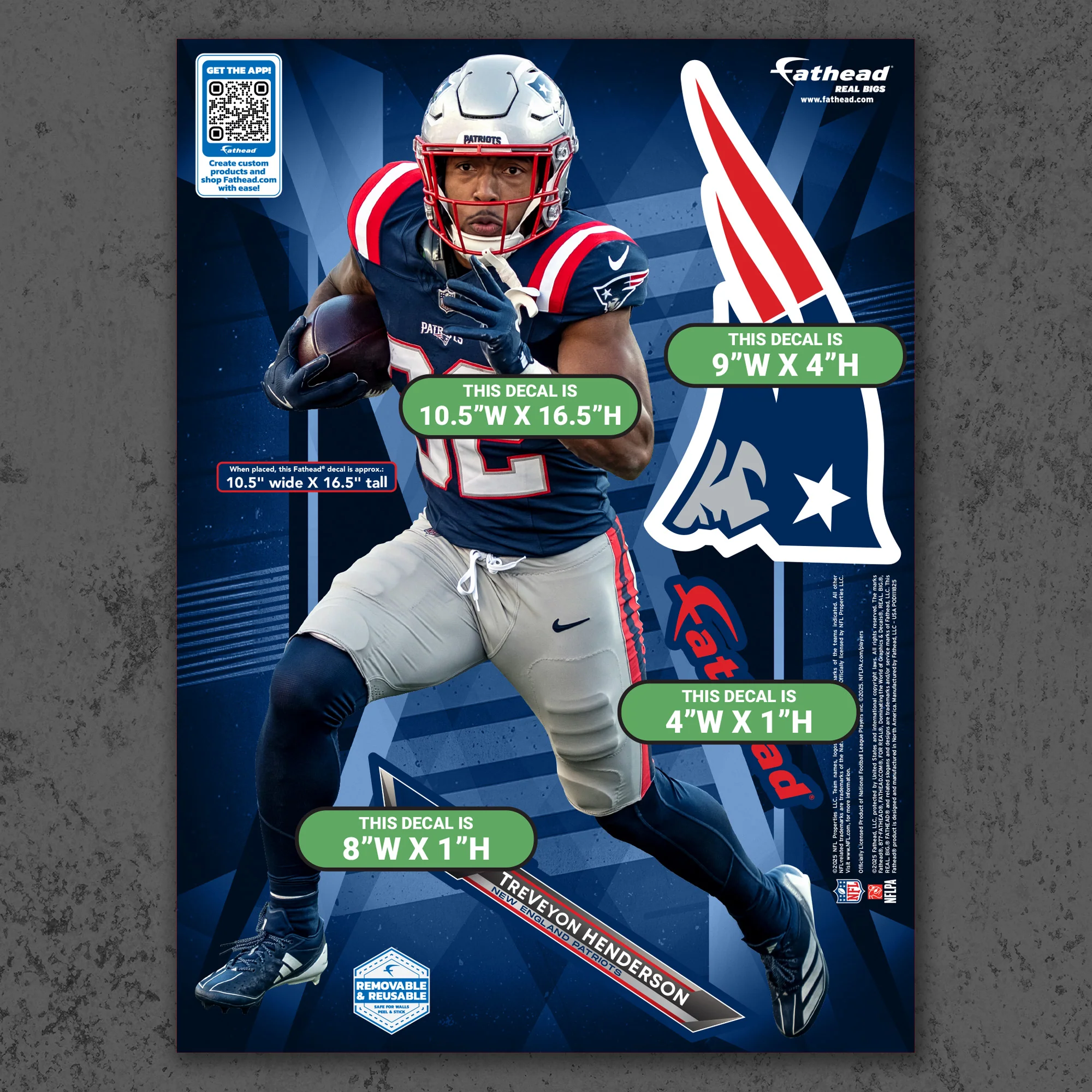 TreVeyon Henderson - RealBig Rush Collection - Official NFL - New England Patriots - Reusable Vinyl Wall Decals - Image 8
