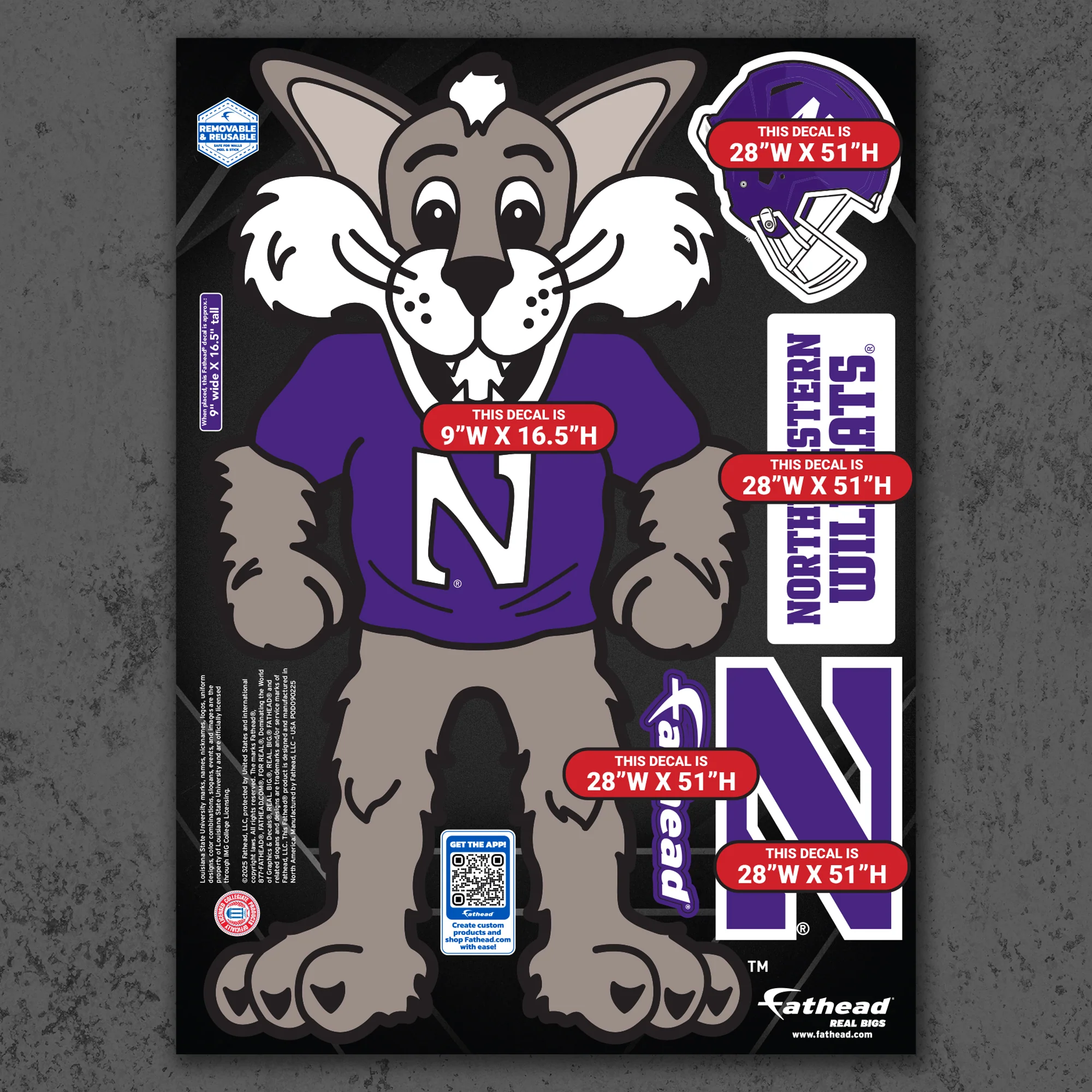 Willie the Wildcat - RealBig Illustrated Mascot Collection - Official NCAA - Northwestern Wildcats - Reusable Vinyl Wall Decals - Image 8
