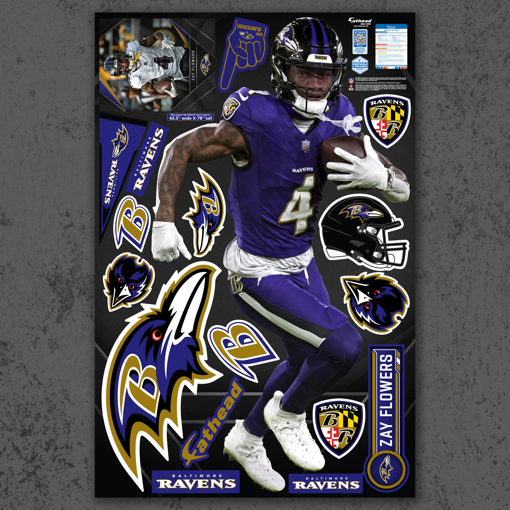 Zay Flowers - RealBig Collection - Official NFL - Baltimore Ravens - Reusable Vinyl Wall Decals - Image 2
