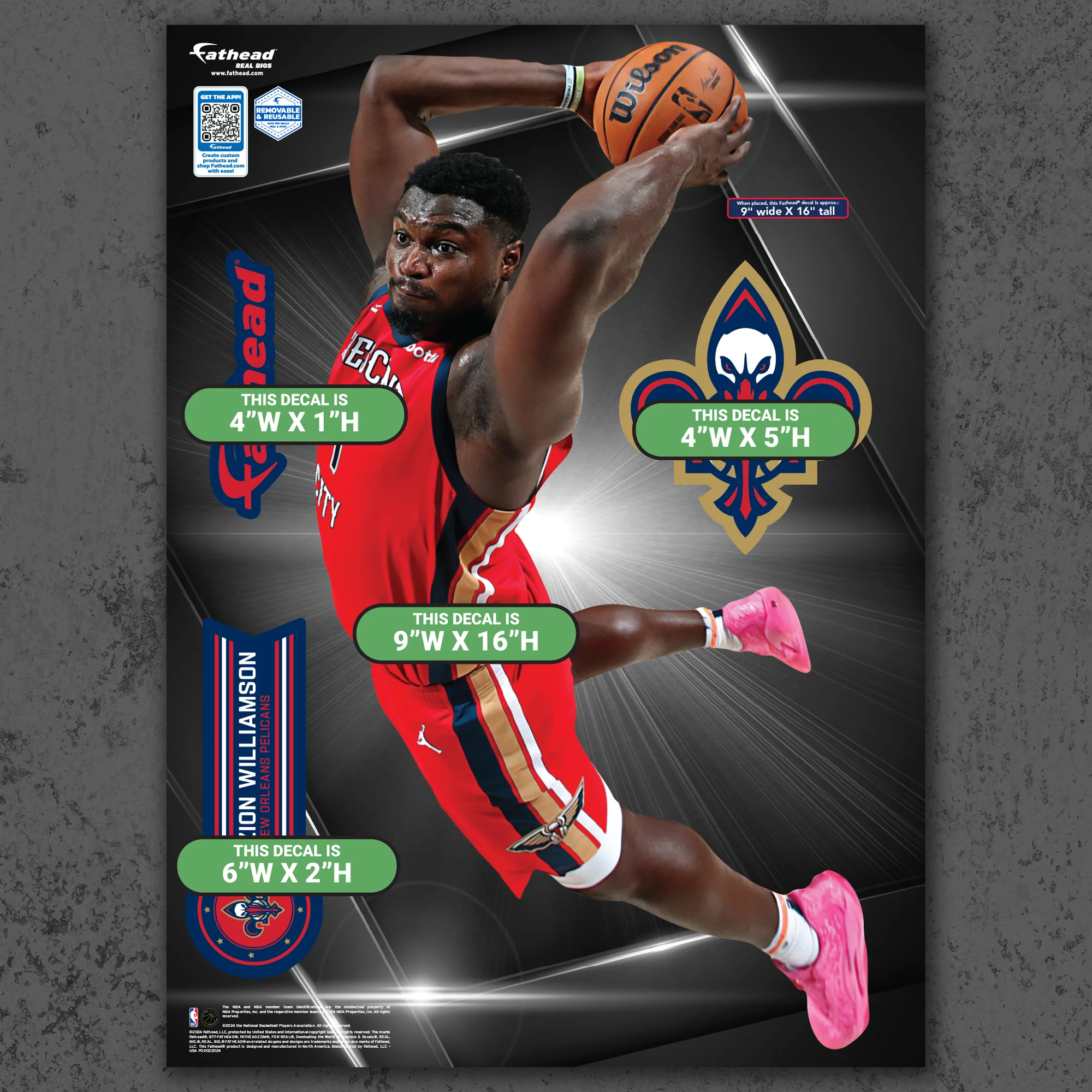 Zion Williamson - RealBig Dunk Collection - Official NBA - New Orleans Pelicans - Reusable Vinyl Wall Decals - Image 8